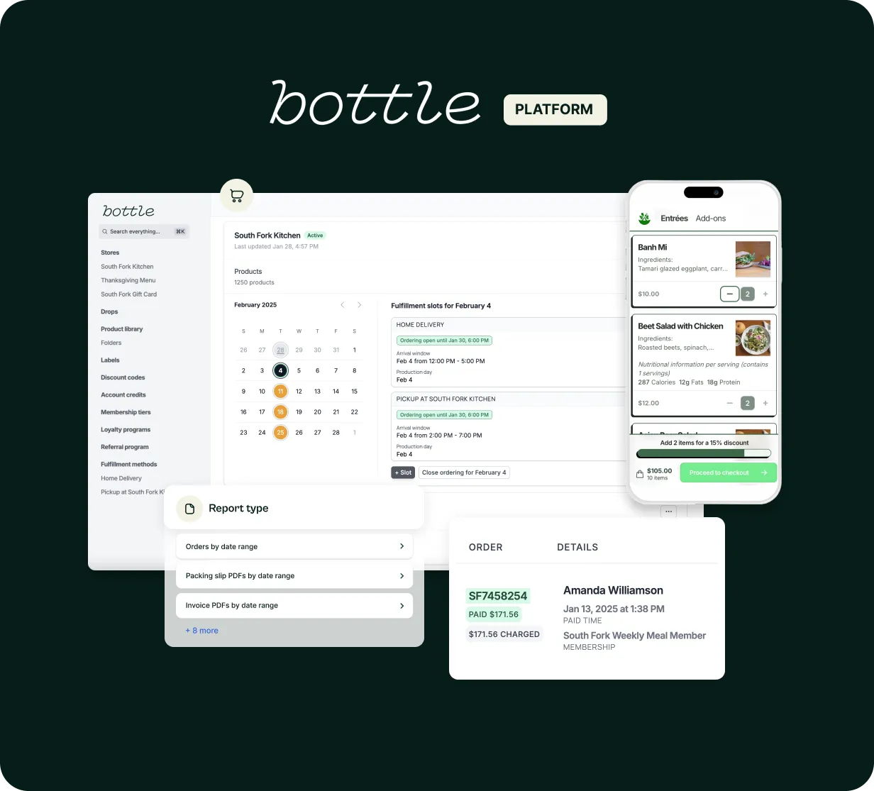 User interface of Bottle Platform showing order management dashboard, calendar with fulfillment slots, report types, order details, and a mobile view of meal selections with pricing and checkout options.