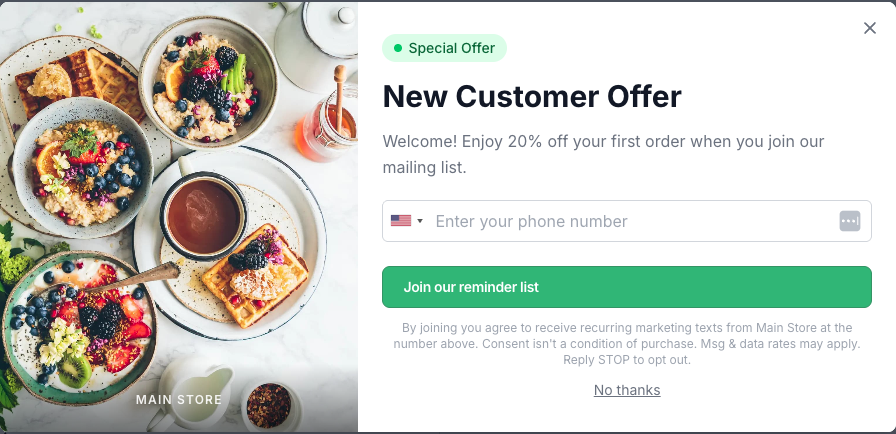 Popup modal to collect customer info and give a discount.