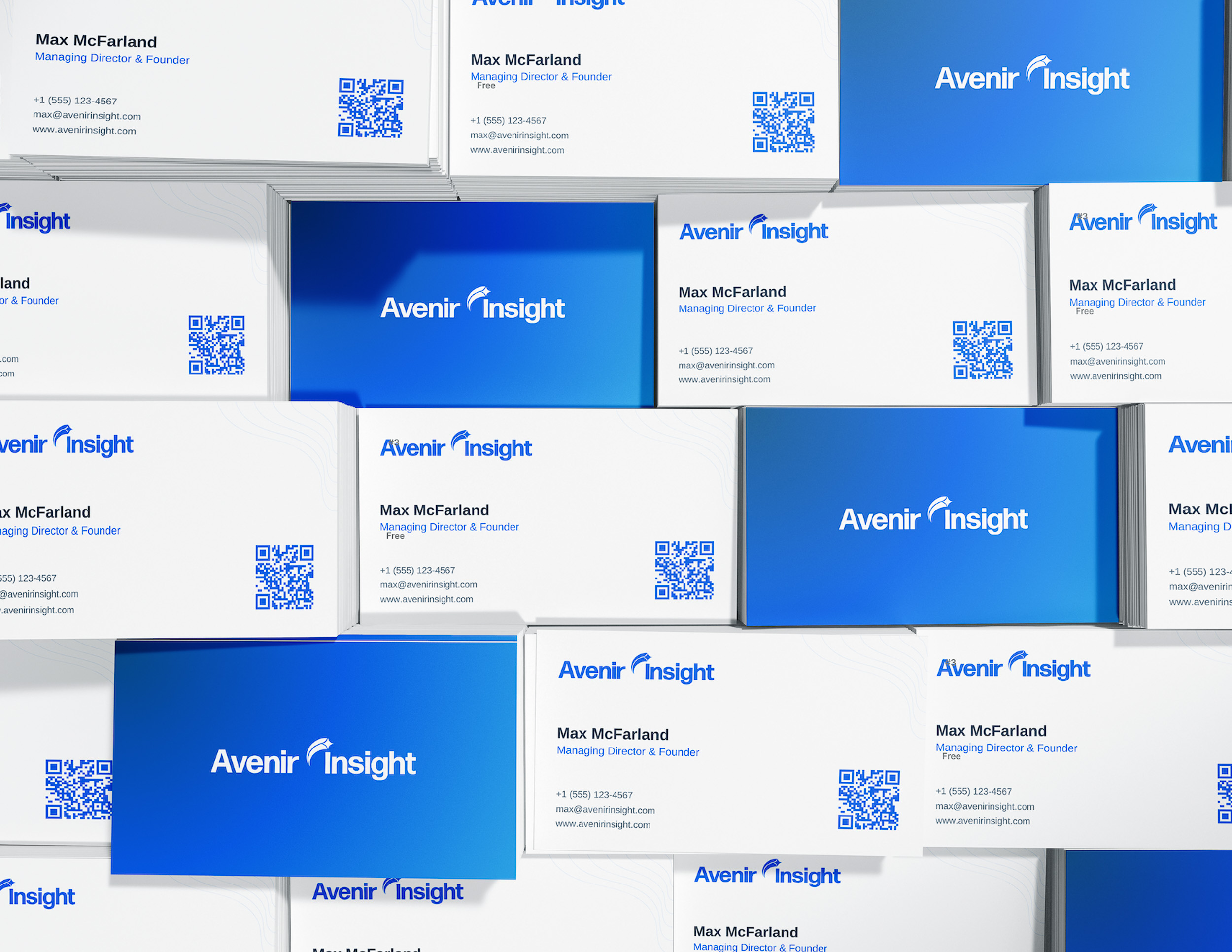 Stacks of business cards for Max McFarland, Managing Director & Founder at Avenir Insight, featuring QR codes and contact information.