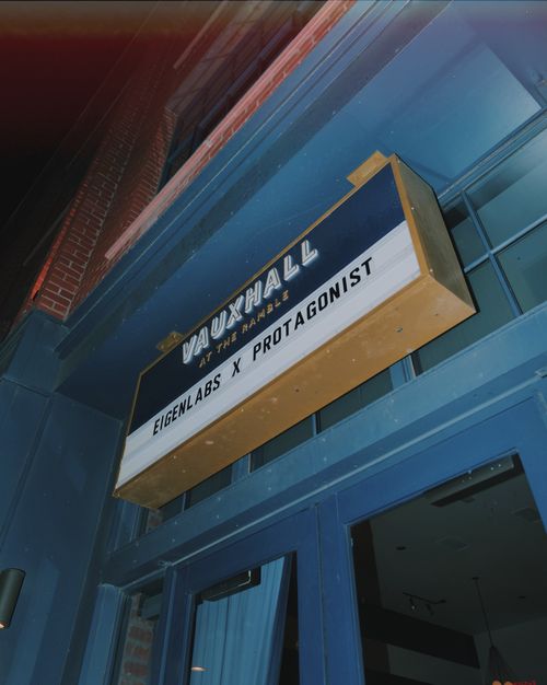 Night view of the Vauxhall at the Ramble theater marquee displaying 'EIGENLABS X PROTAGONIST'.