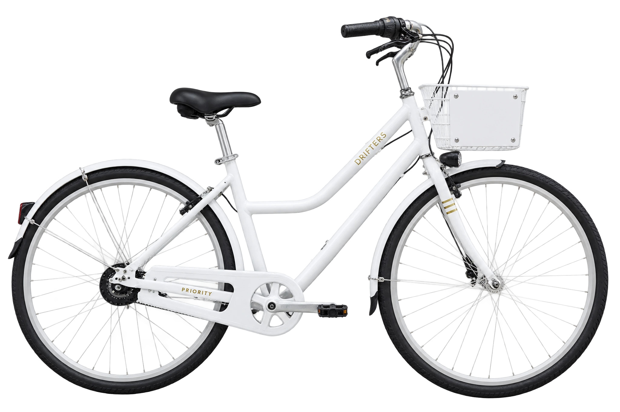 The white Drifters City Bike, side view: step-through frame, front basket, belt drive