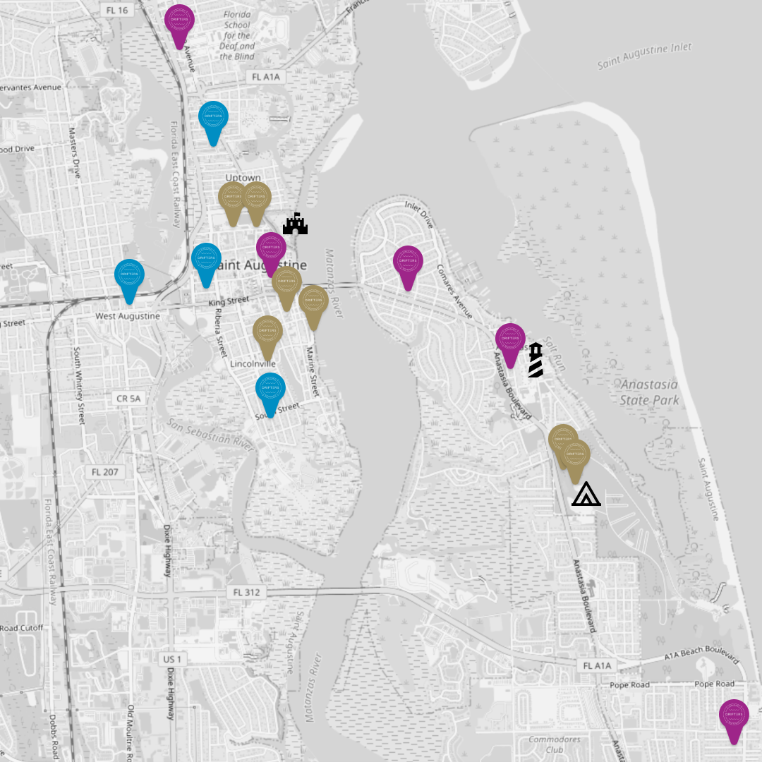 Map of St. Augustine with bike share stations downtown, uptown, in Lincolnville and on Anastasia Island