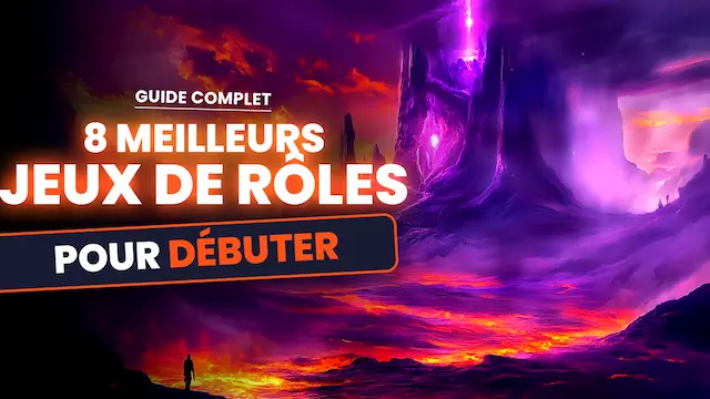Illustration d’un paysage fantastique avec un ciel violet et orange, une grande tour lumineuse, et un personnage solitaire, avec le texte « Guide complet 8 meilleurs jeux de rôles pour débuter » en blanc et orange.
