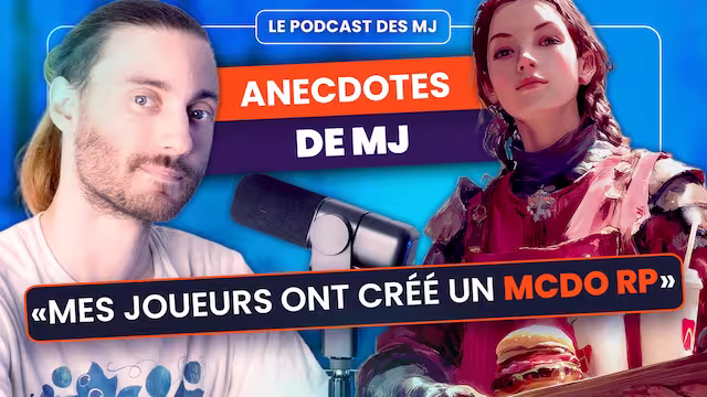 Illustration du podcast Anecdotes de MJ avec un homme parlant dans un micro et une femme en costume médiéval tenant un plateau avec un burger et une boisson.
