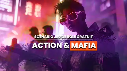 Personnage sombre portant des lunettes rétro éclairées en rose, tenant une arme, fond urbain flou aux néons roses et violets avec texte en français annonçant un scénario de jeu de rôle gratuit Action & Mafia.