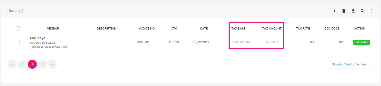 TAX BASE , TAX AMOUNT (Screenshot)
