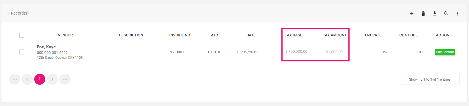 TAX BASE, TAX AMOUNT of User Vendor 