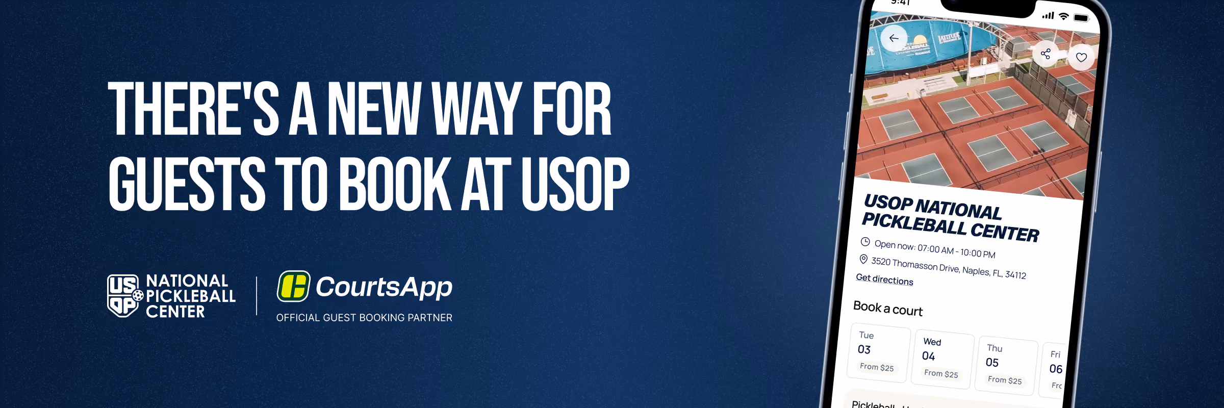 There's a new way for guests to book at USOP. USOP National Pickleball Center and CourtsApp, Official Guest Booking Partner.
