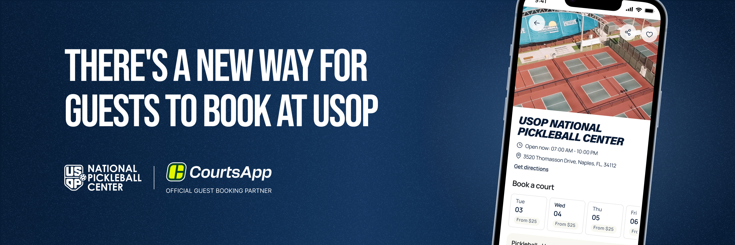 There's a new way for guests to book at USOP. USOP National Pickleball Center and CourtsApp, Official Guest Booking Partner.