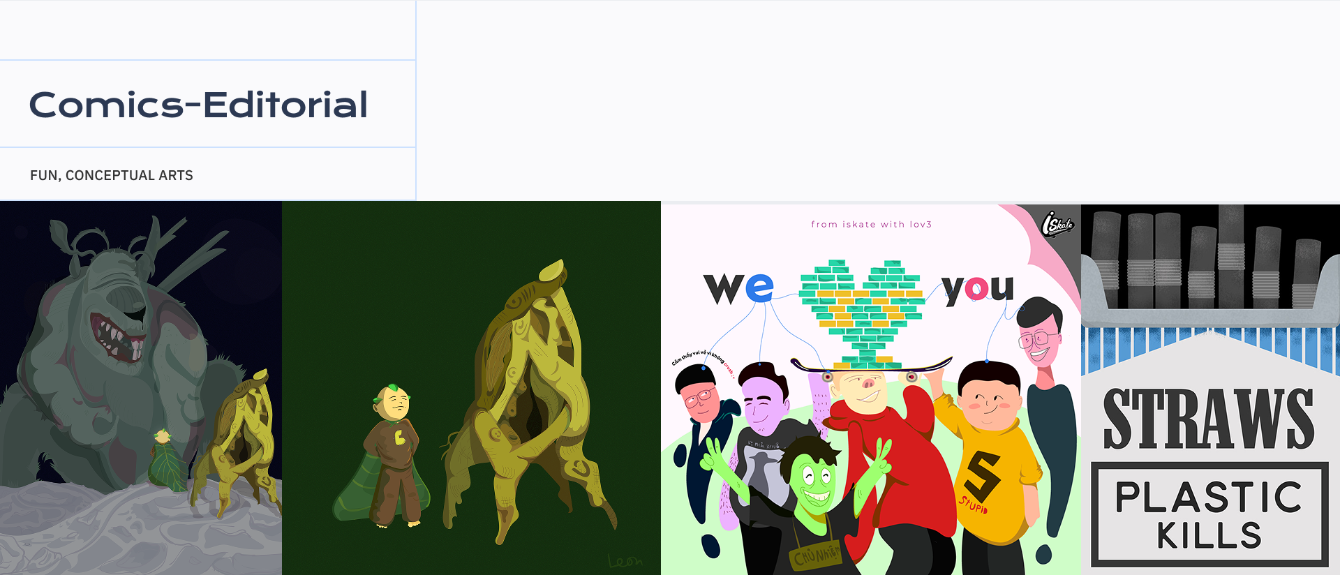 Four comic-style illustrations with diverse themes and artistic styles