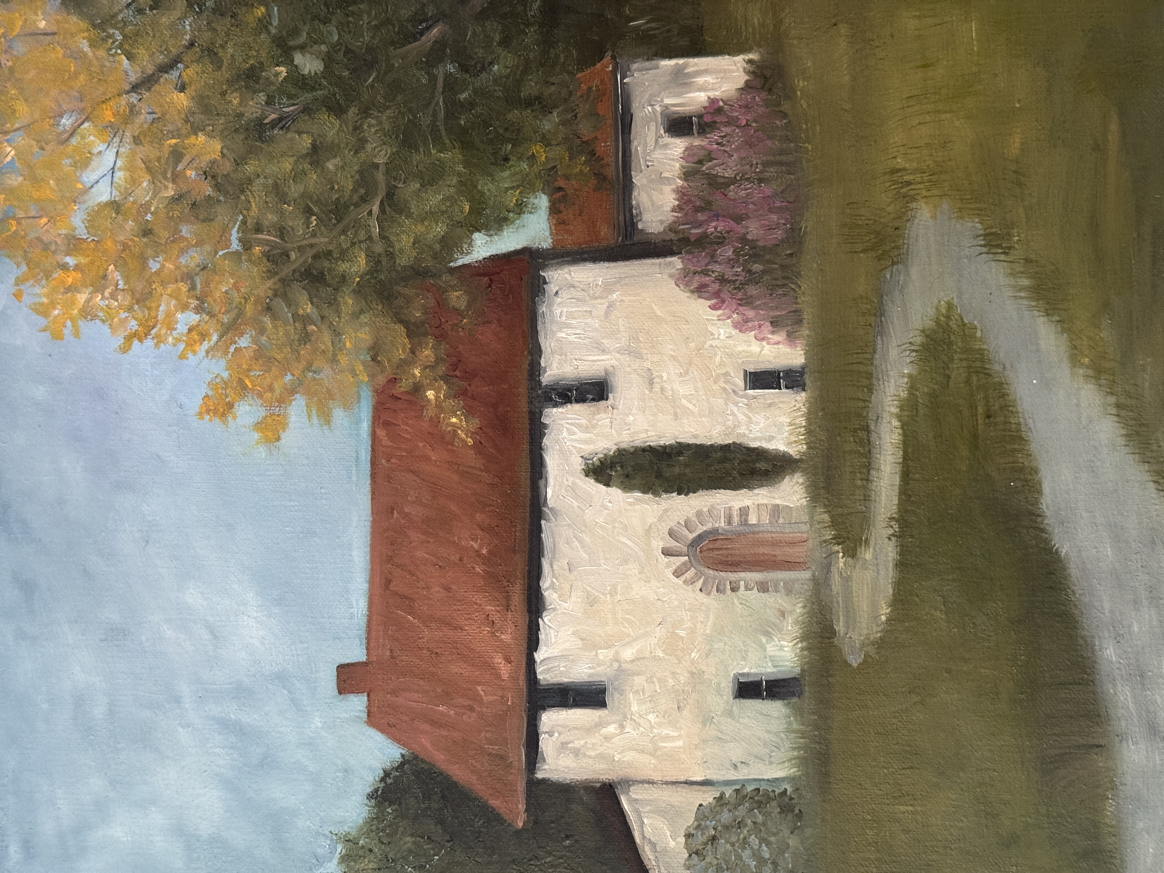 View: Original Villa Landscape Signed Oil Painting