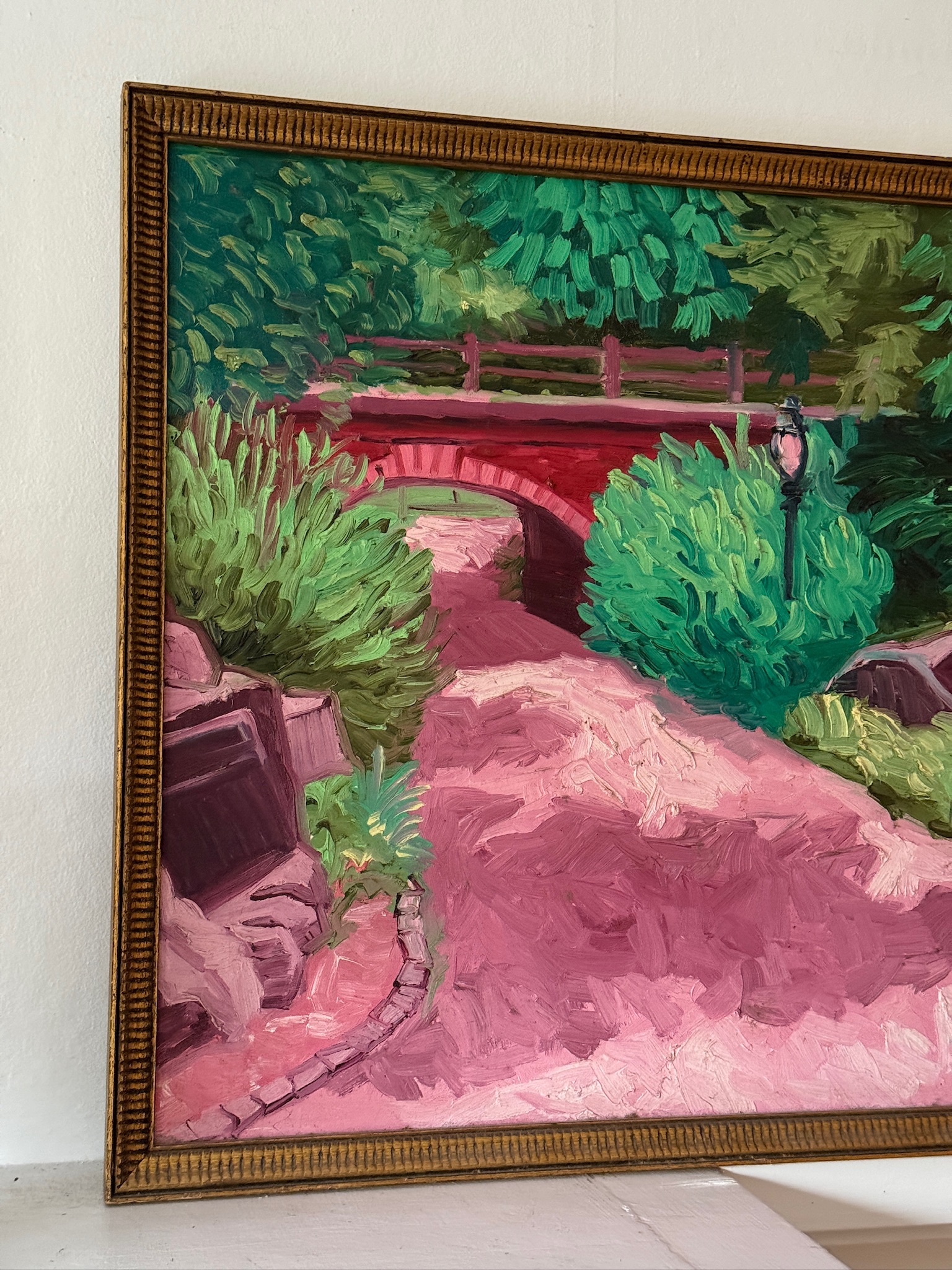 View: Impressionist Pink and Green Bridge Painting 