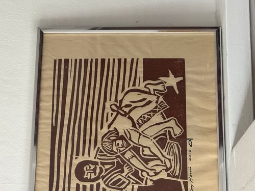 View: Folk Woodcut Art Print in Chrome Frame