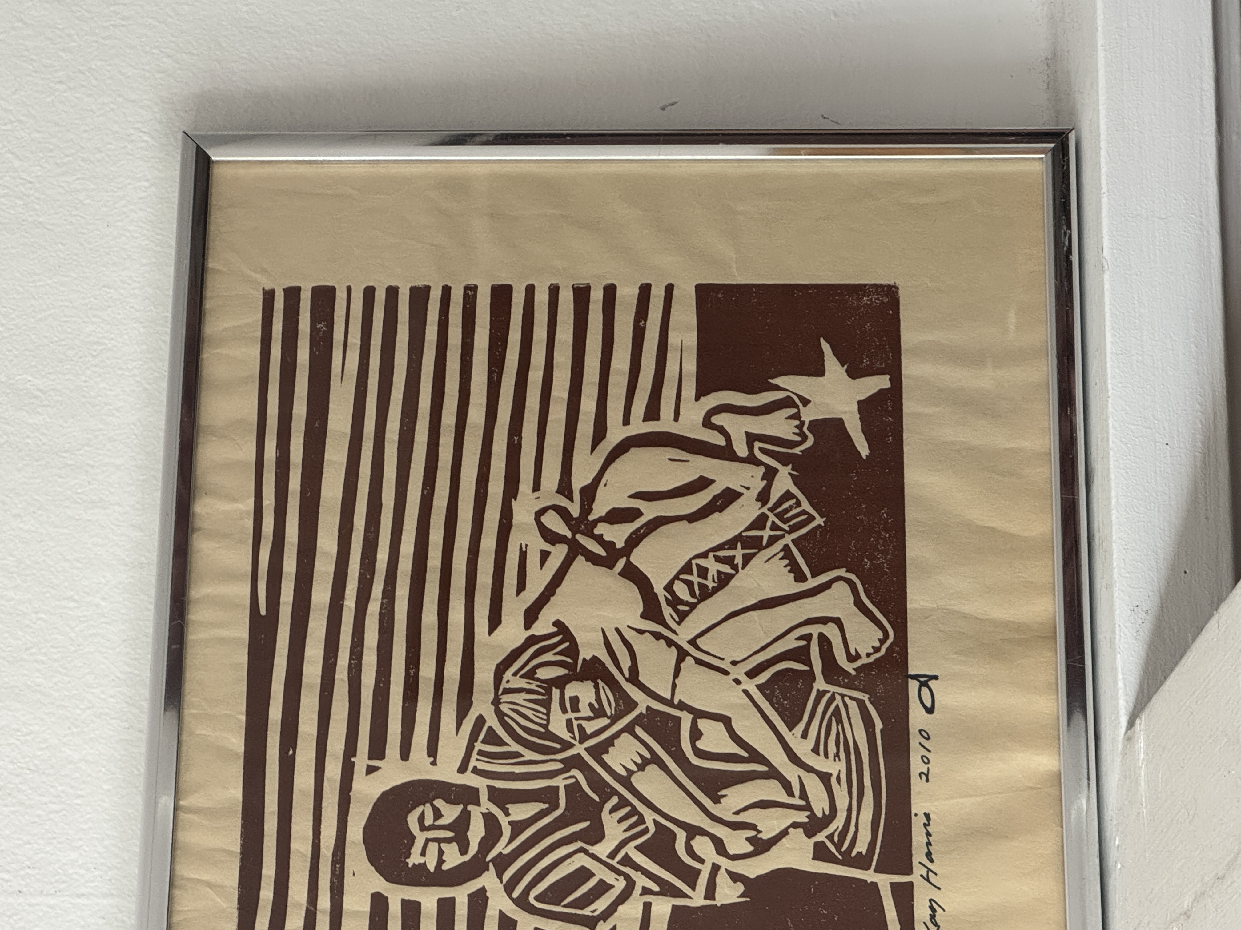 View: Folk Woodcut Art Print in Chrome Frame