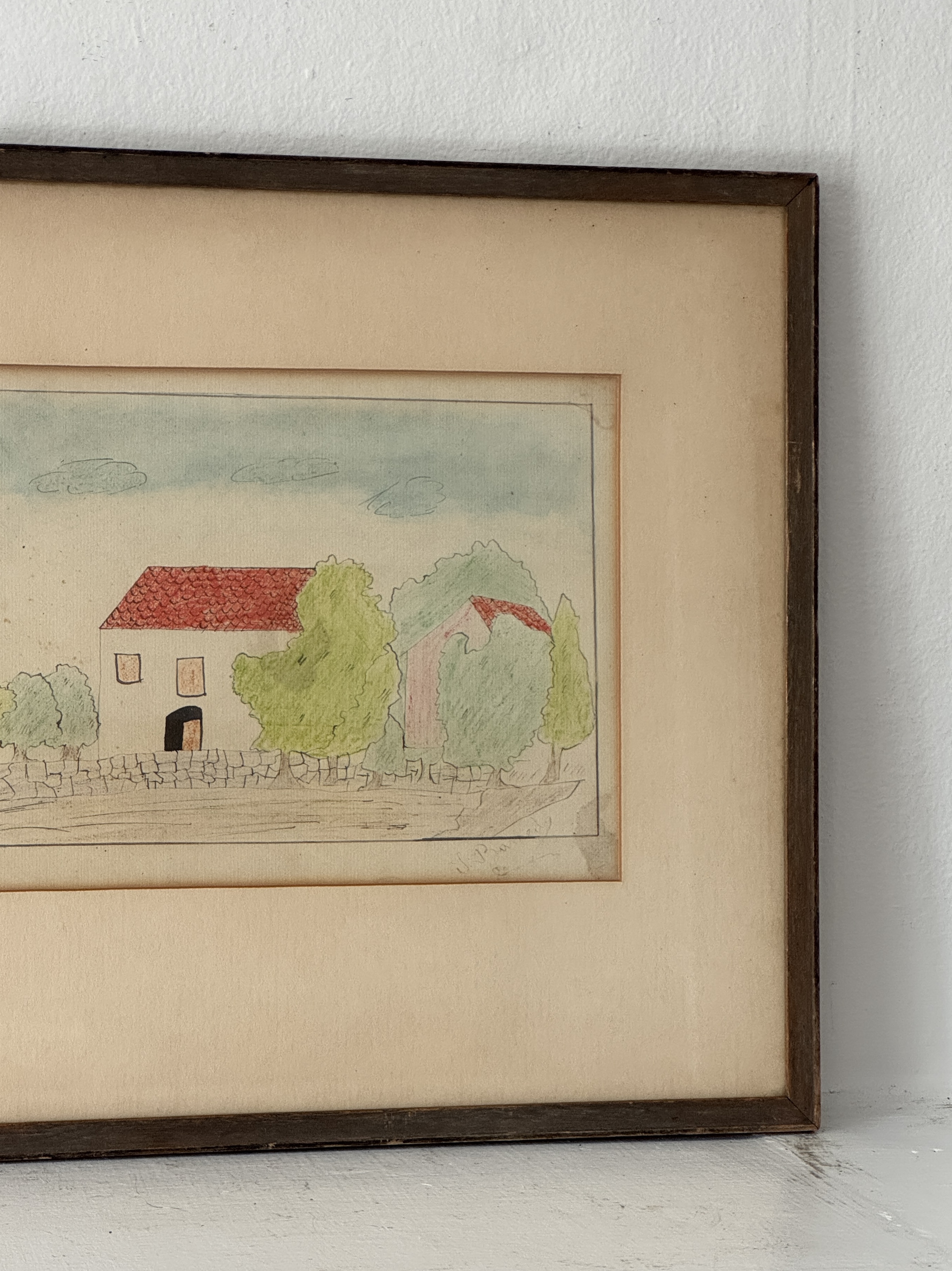 View: Primitive Red Brick Roof Home Drawing 