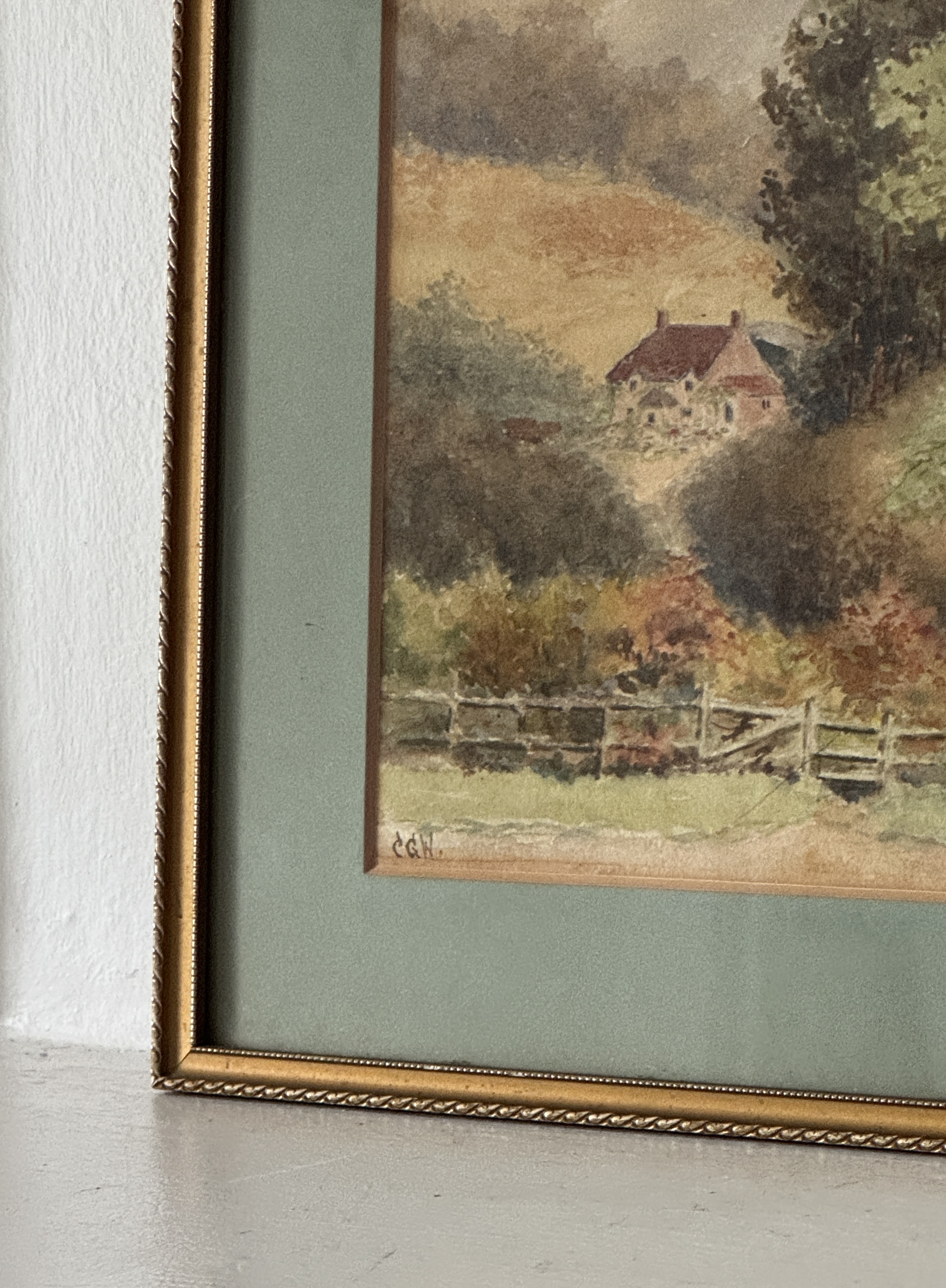 View: Country Landscape Watercolor With Green Matting