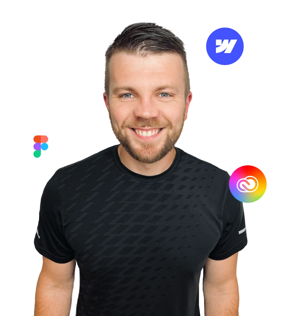 Matt Cameron with three app icons floating around him: Figma, Webflow, Adobe Creative Cloud
