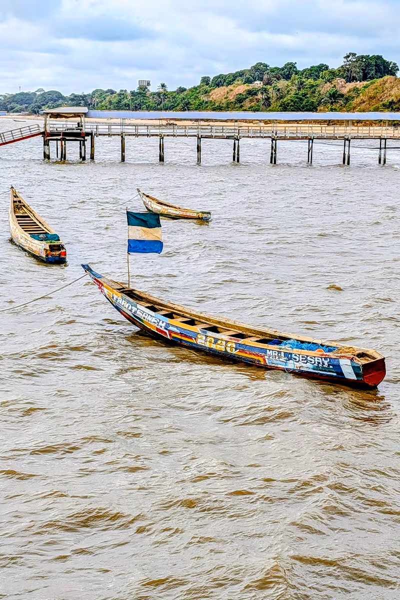 Three wooden boats floating on a river near a long pier with a green and brown forested shore somewhere in Africa 