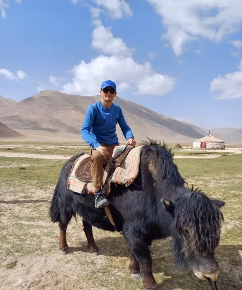 A traveler riding a large domestic yak in the Pamir Mountains plateau with a traditional yurt in the background.