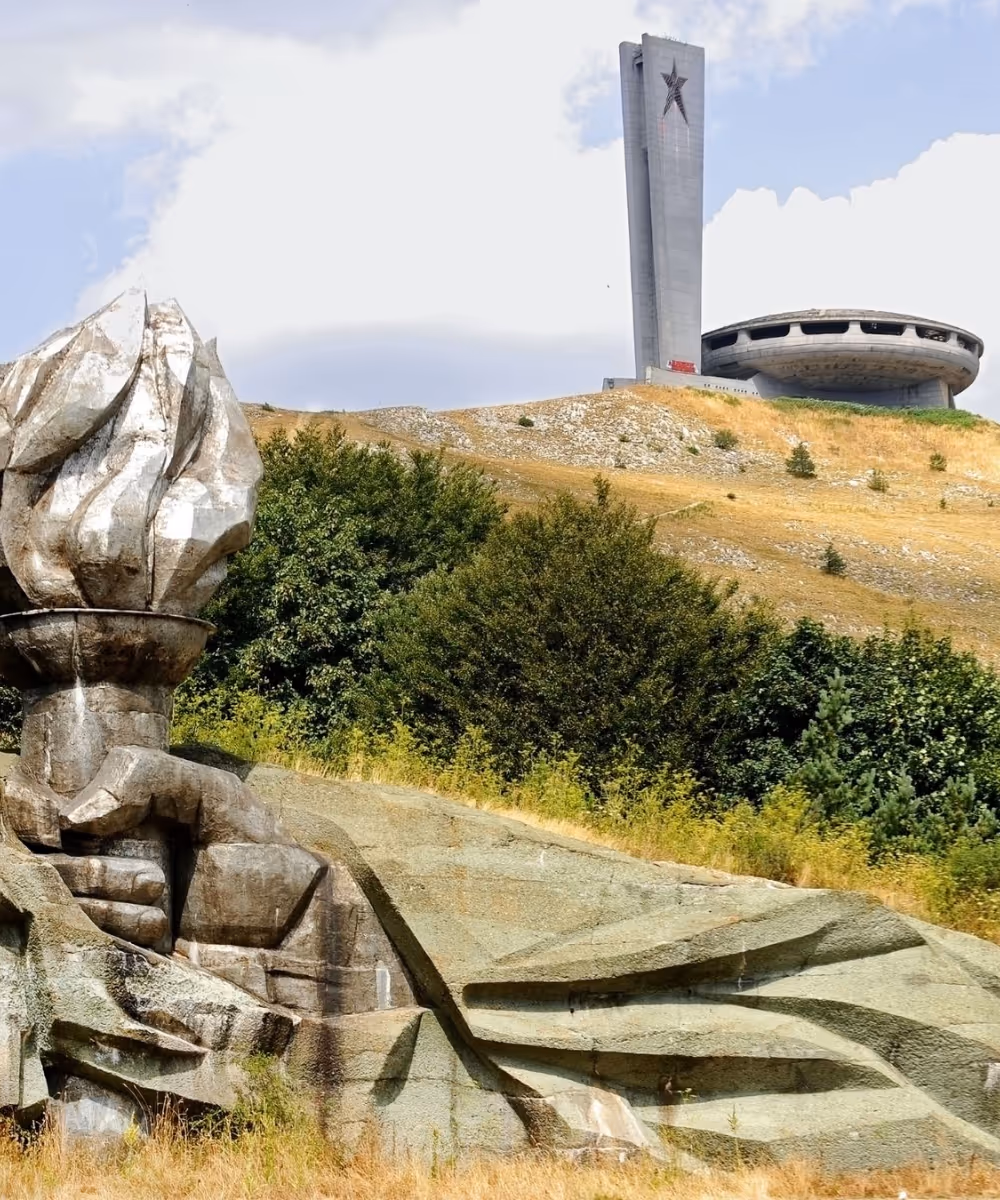The abandoned UFO-shaped communist monument on Buzludzha peak in Bulgaria.