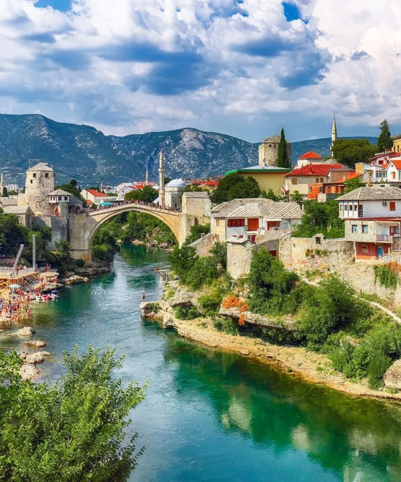 The historic Stari Most (Old Bridge) spanning the Neretva River in Mostar, Bosnia and Herzegovina.