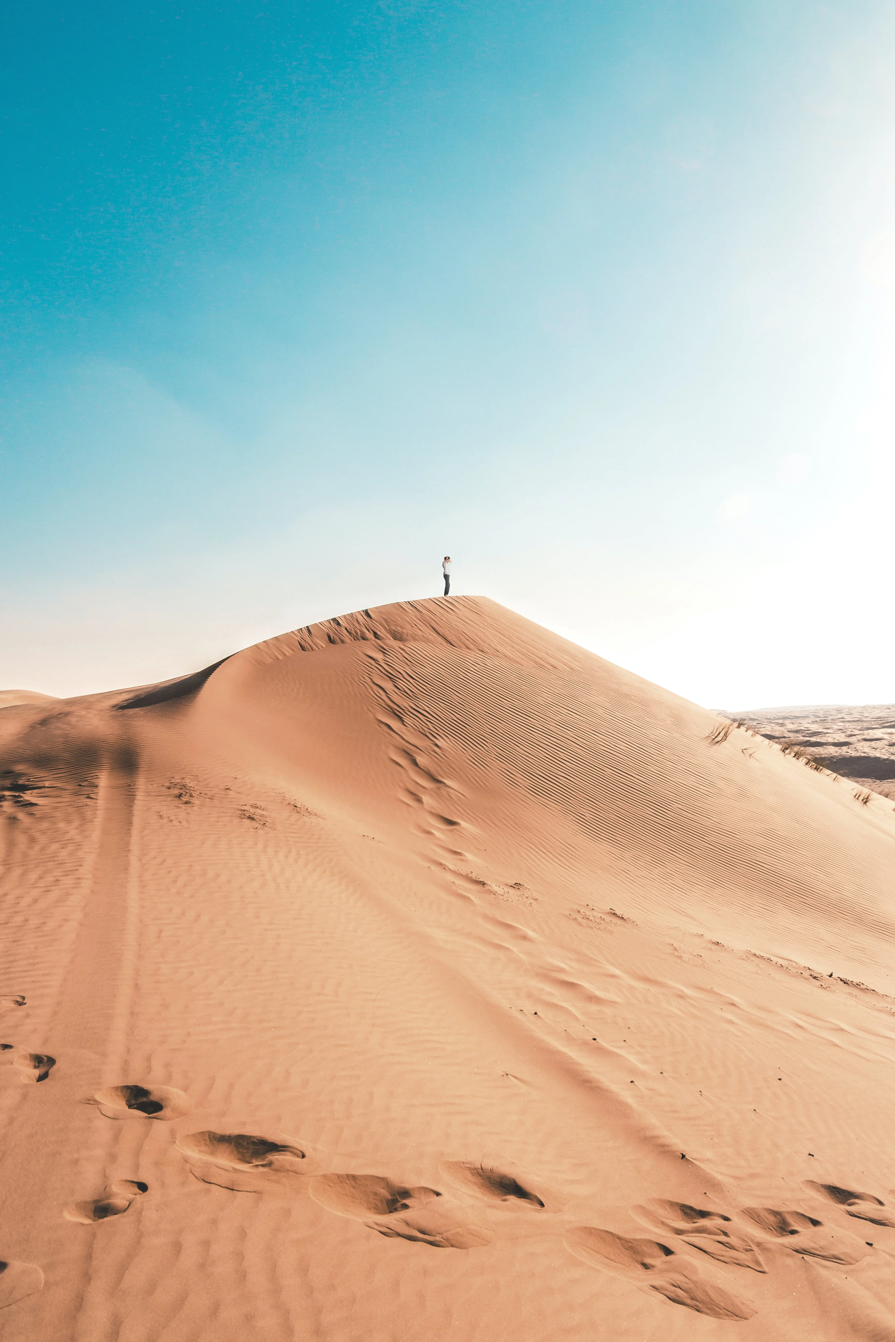 Lone traveler atop sand dune in Wahiba Sands desert on an Oman tour adventure.