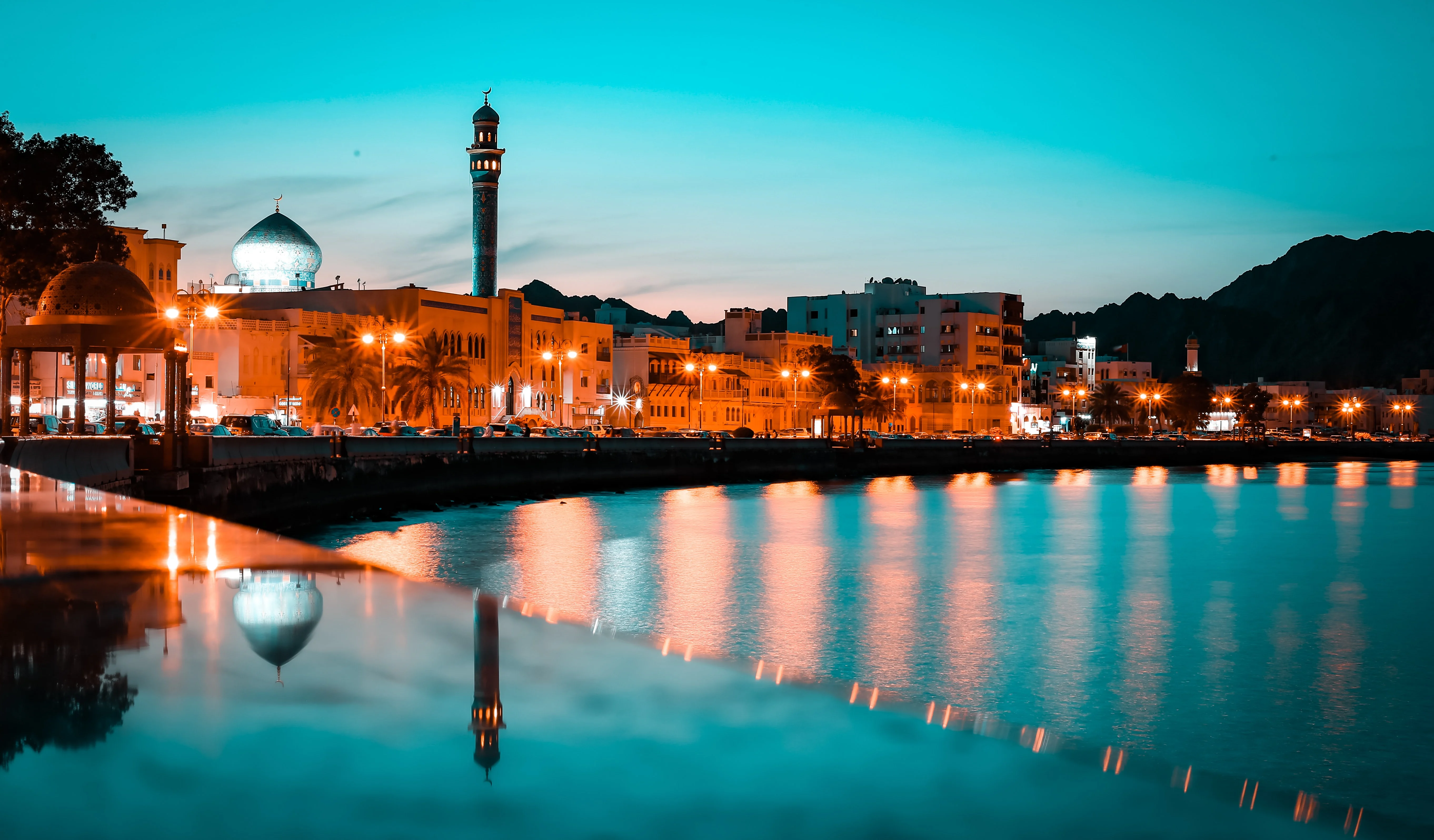 Night lights reflecting on Mutrah waterfront during a scenic Oman tour.