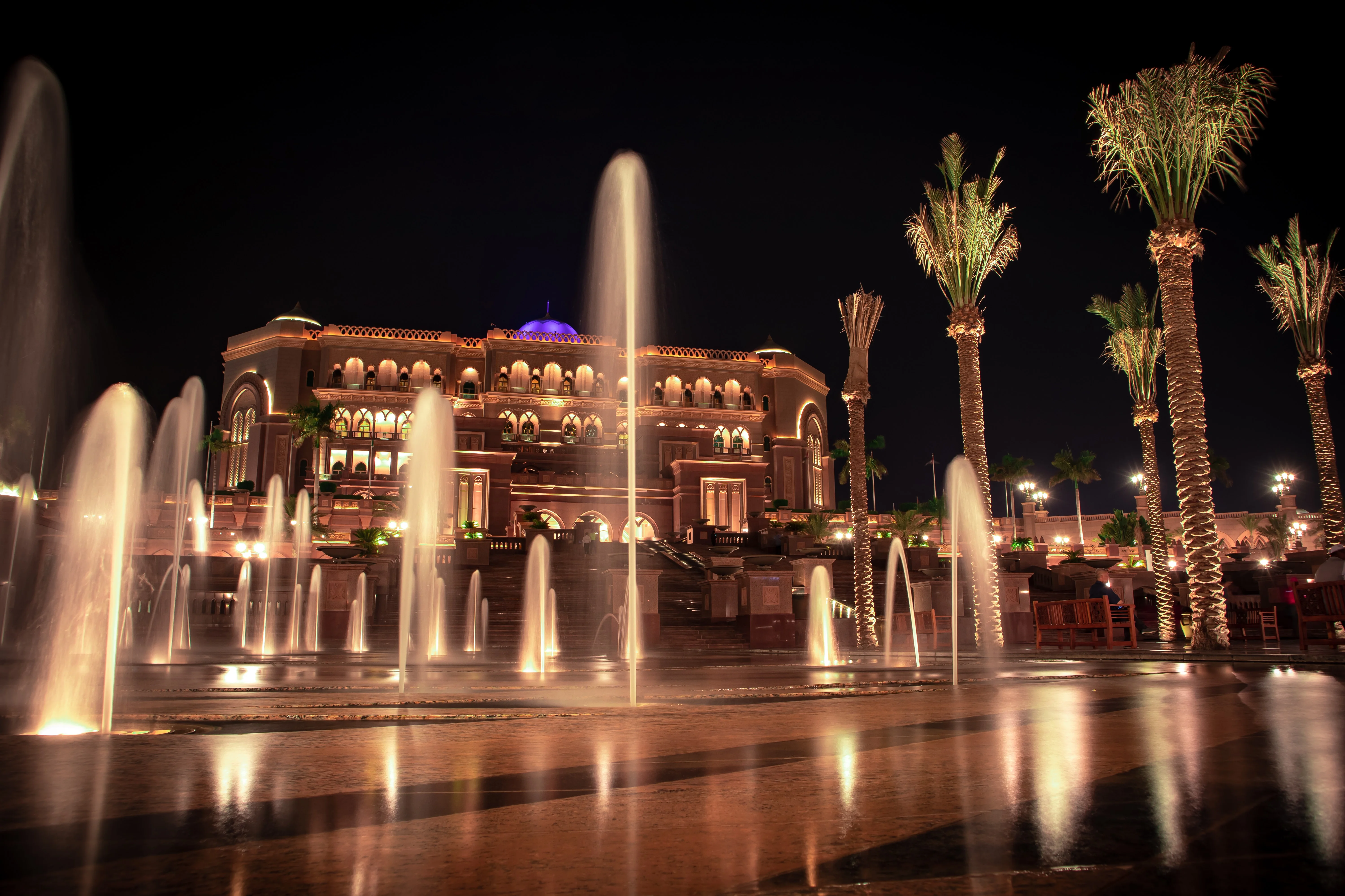 Emirates Palace fountain lit up at night with palm trees