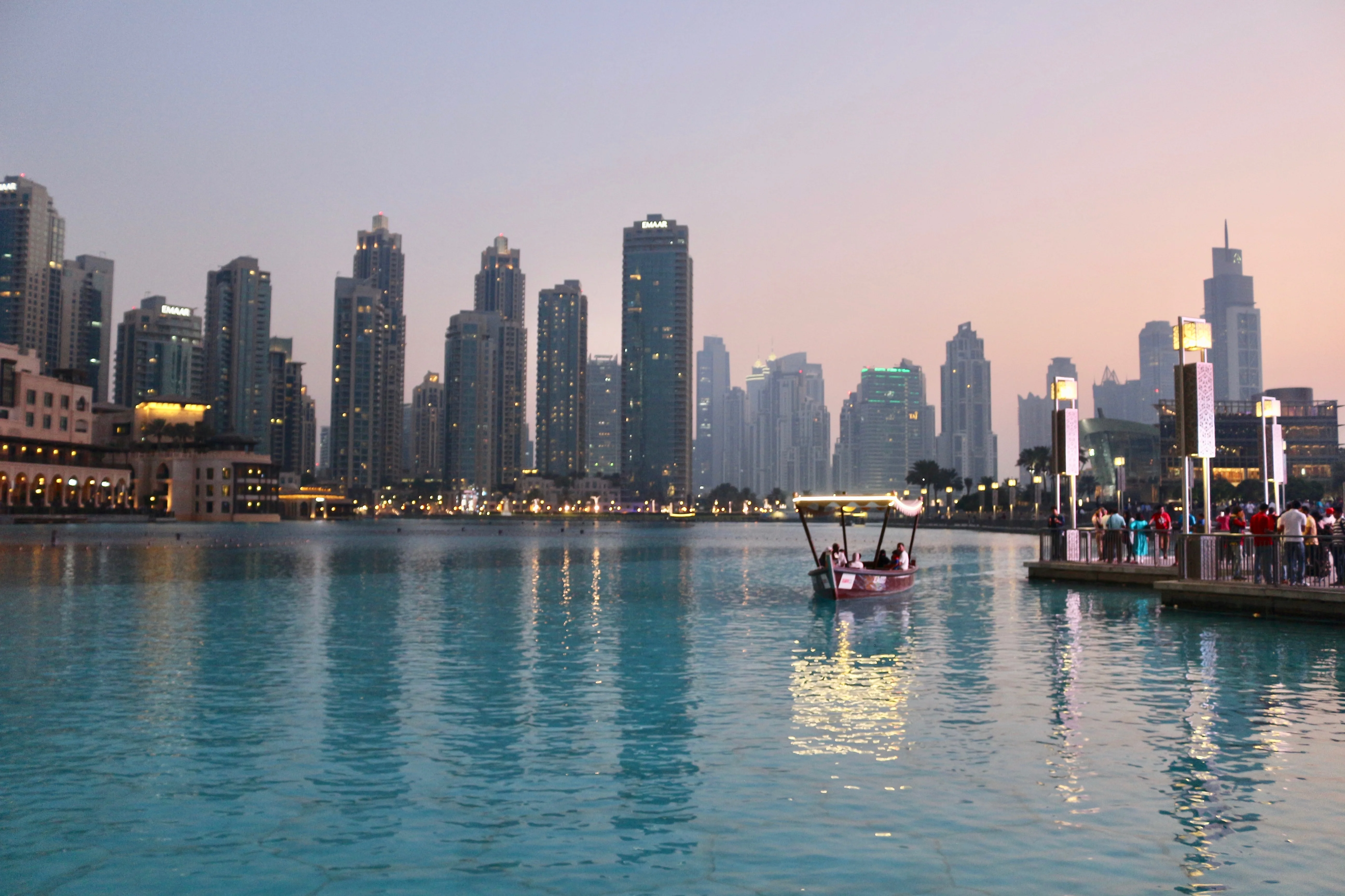 Evening boat ride by Burj Khalifa with Dubai skyline views