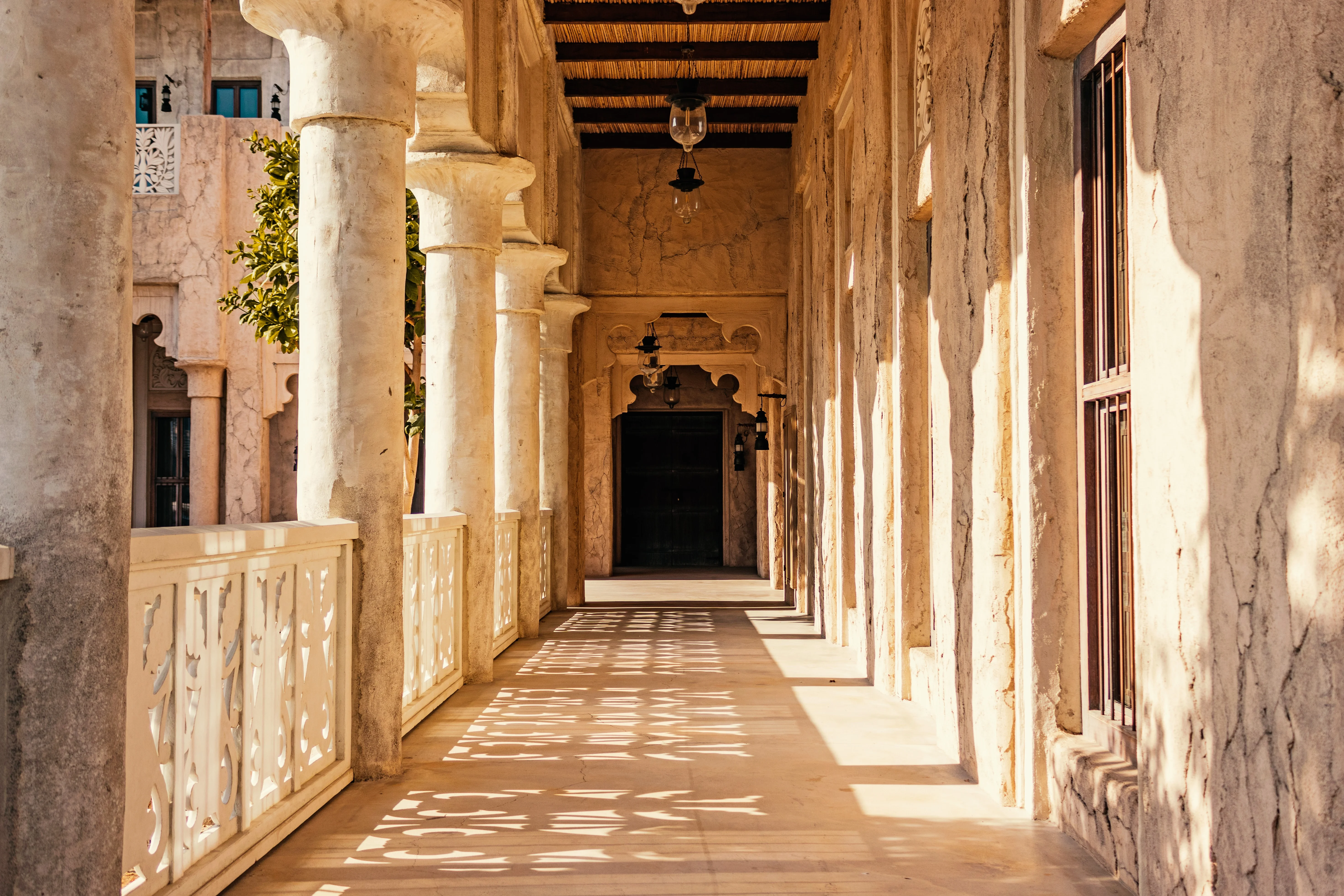 Sunlight through columns at Al Fahidi Historical District in Dubai