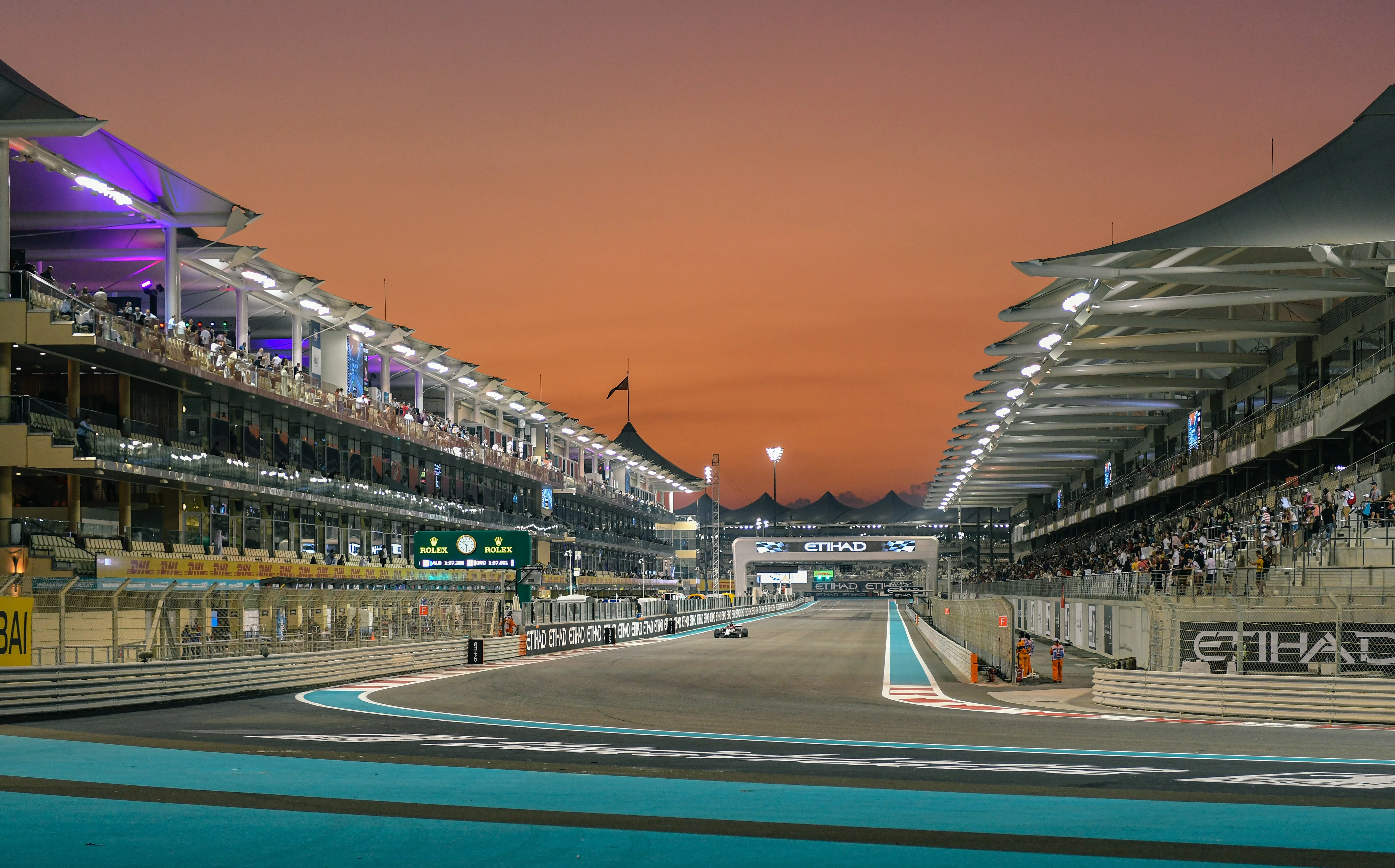 Yas Marina Circuit at sunset during Formula 1 Grand Prix