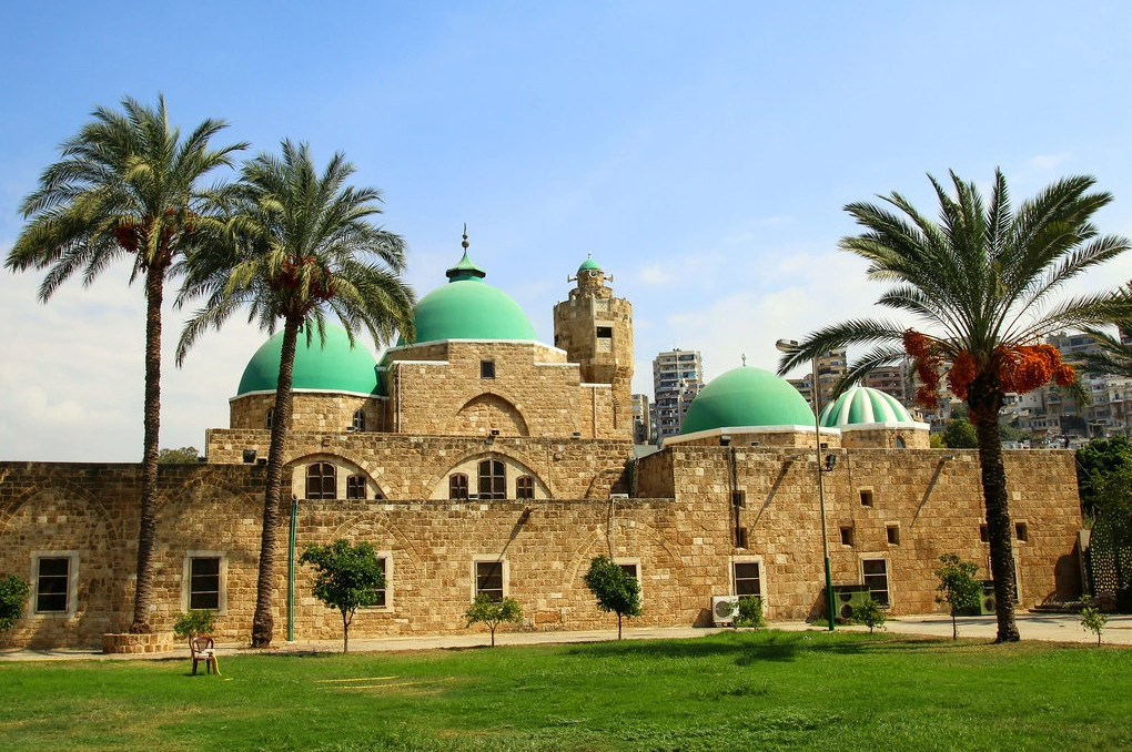 Palm trees framing the green domes of the Grand Mosque of Tripoli on a sunny day.