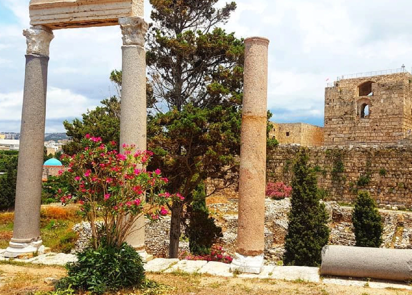 Roman columns and blooming flowers in the ancient ruins of Byblos with a fortress in the back.