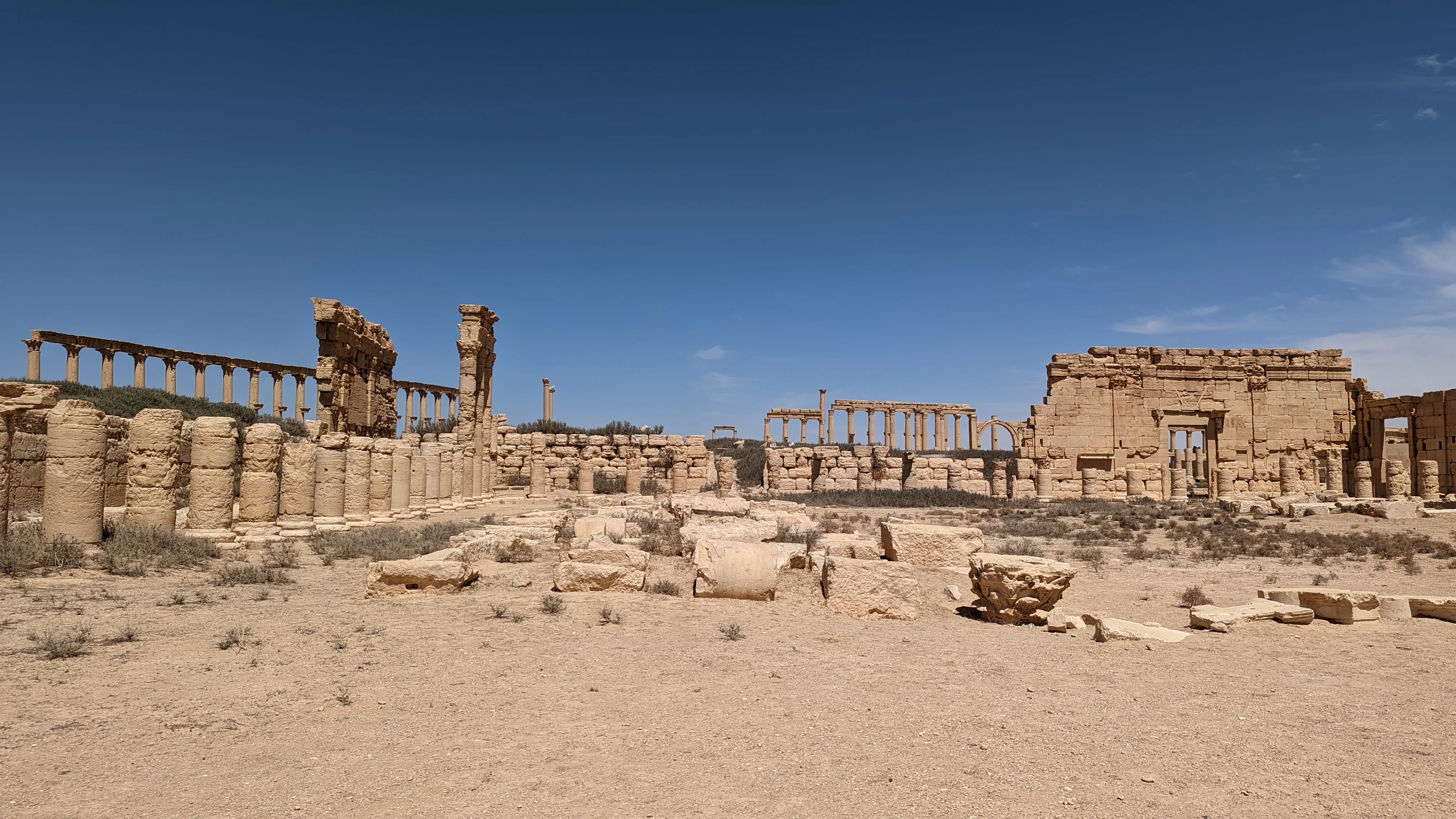 Ancient ruins of Palmyra in Syria under a clear blue sky, showcasing Roman columns and stone arches