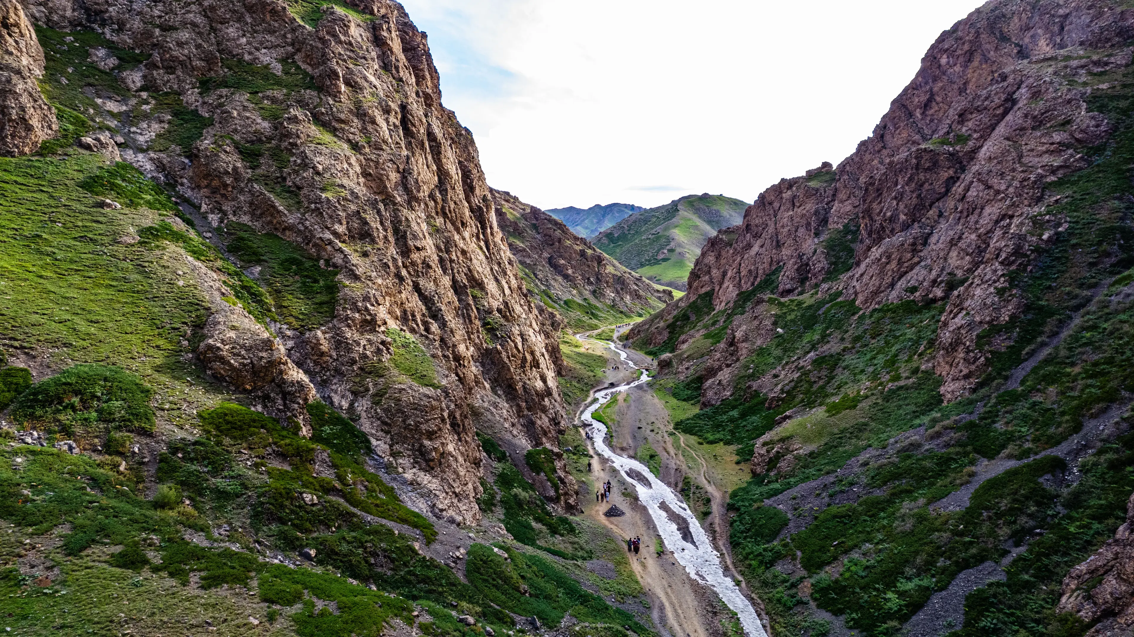 Mongolia's Yol Valley canyon trail with stream and green-covered cliffs.