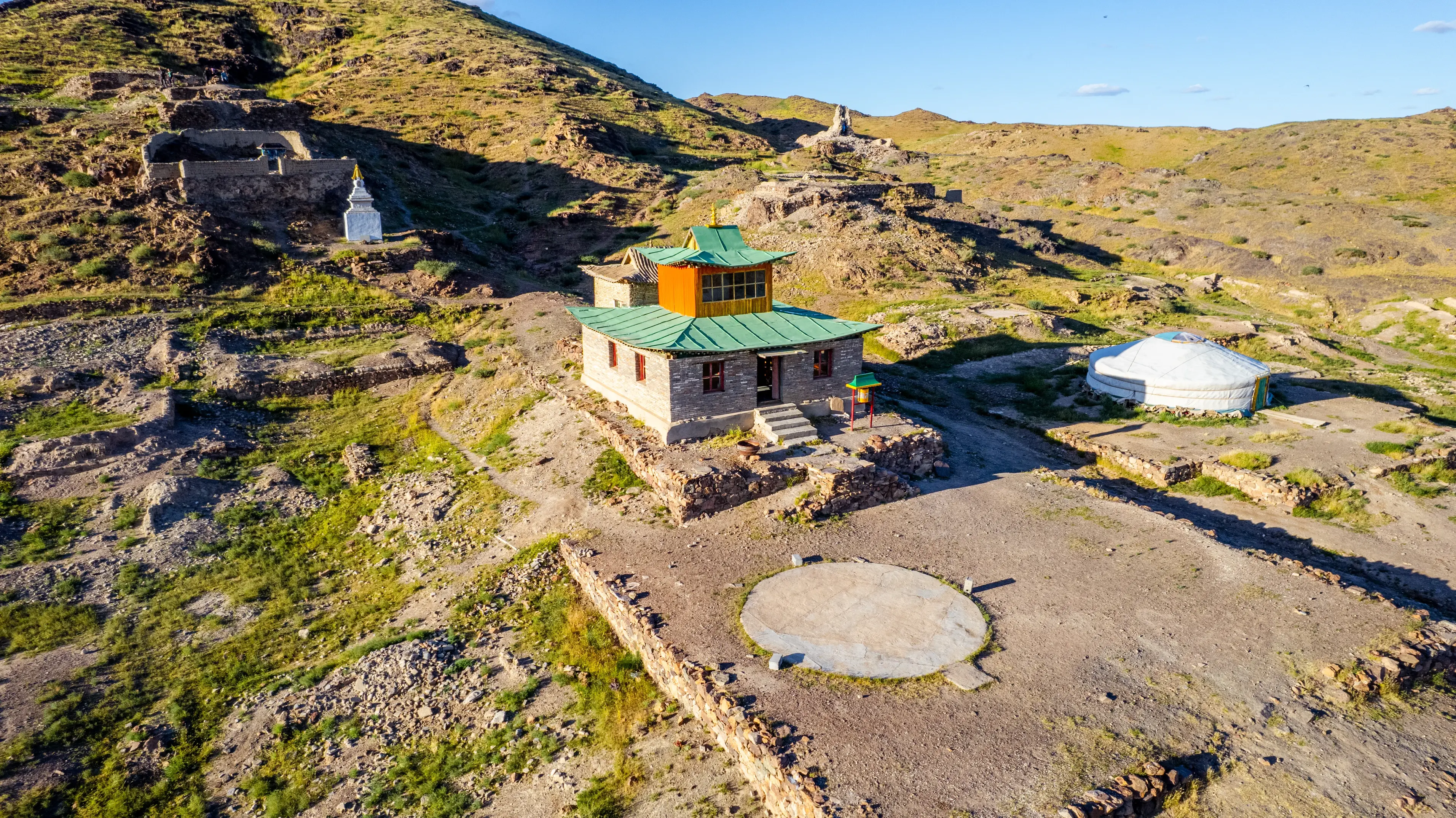 Temple and ger at Karakorum archaeological site in central Mongolia.