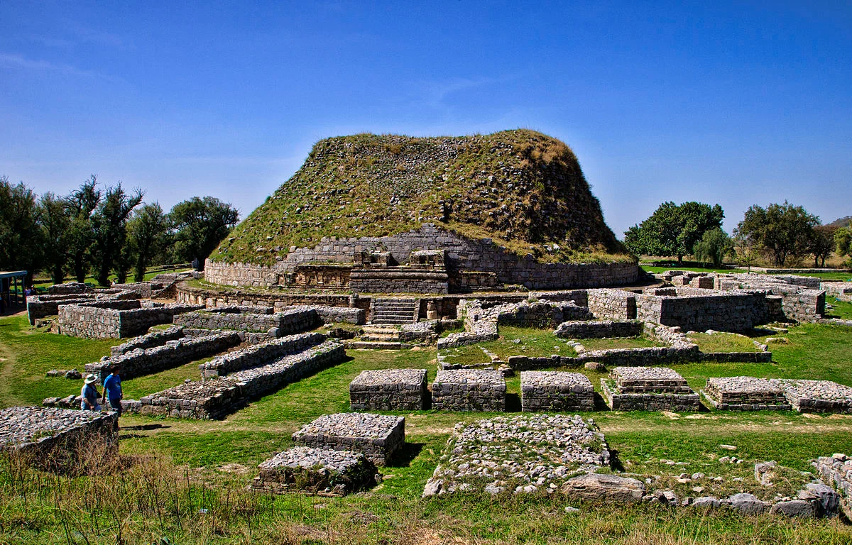 Ancient Dharmarajika stupa ruins surrounded by stone foundations at Taxila, Pakistan