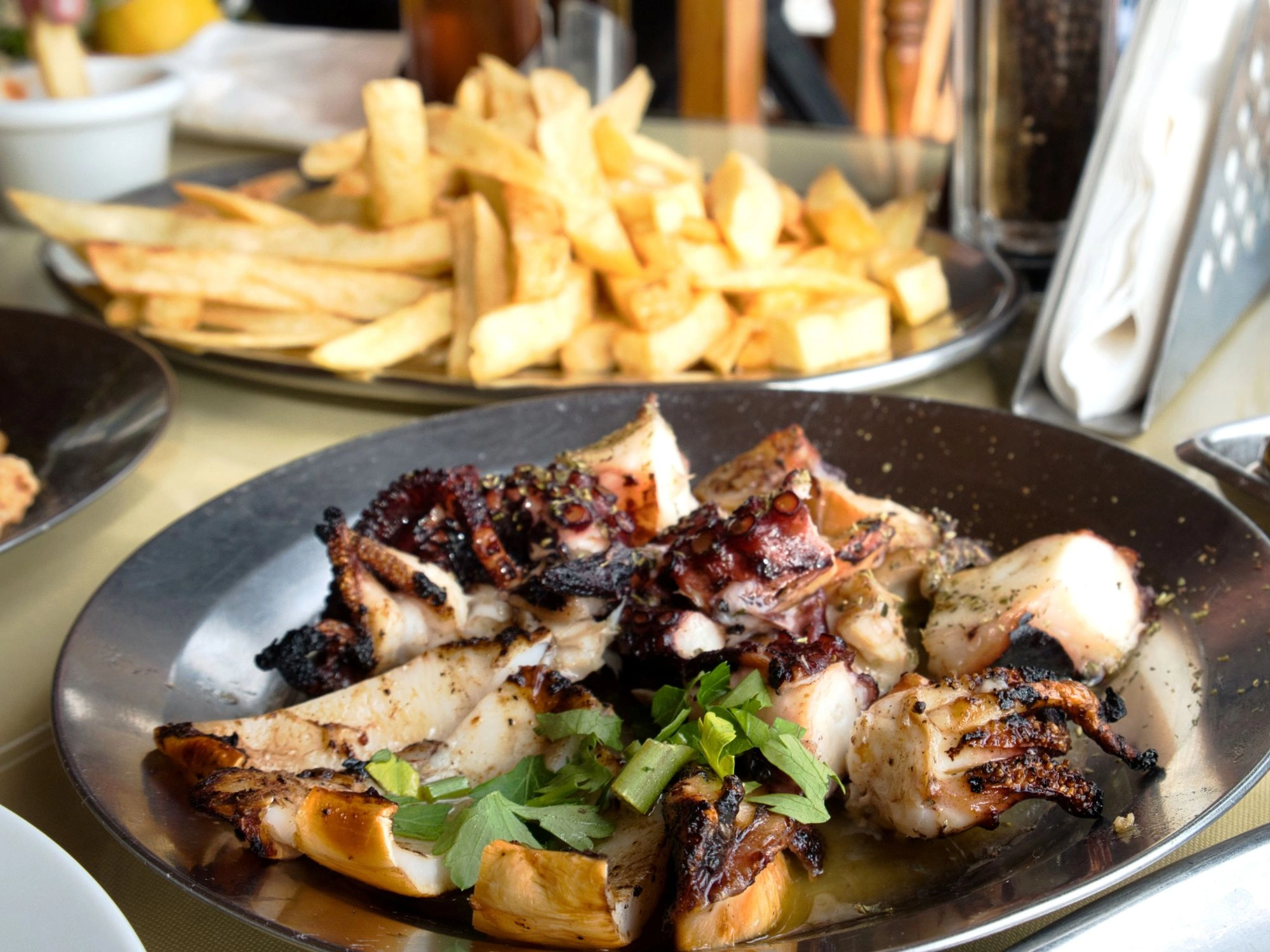 Traditional Cypriot meze with grilled octopus and fries served on metal plates.