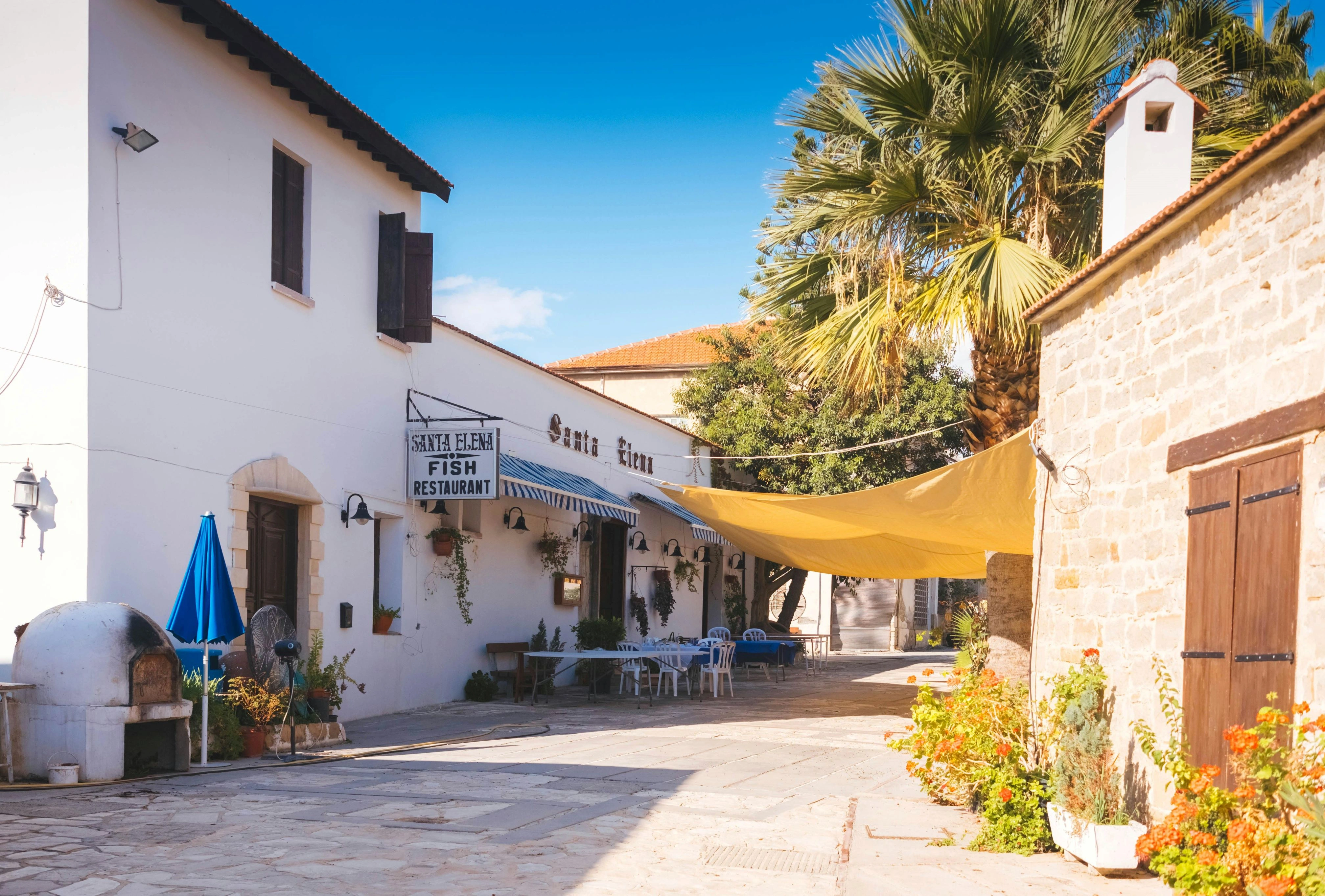 Santa Elena Fish Restaurant on a sunny village street in Cyprus with palm trees.