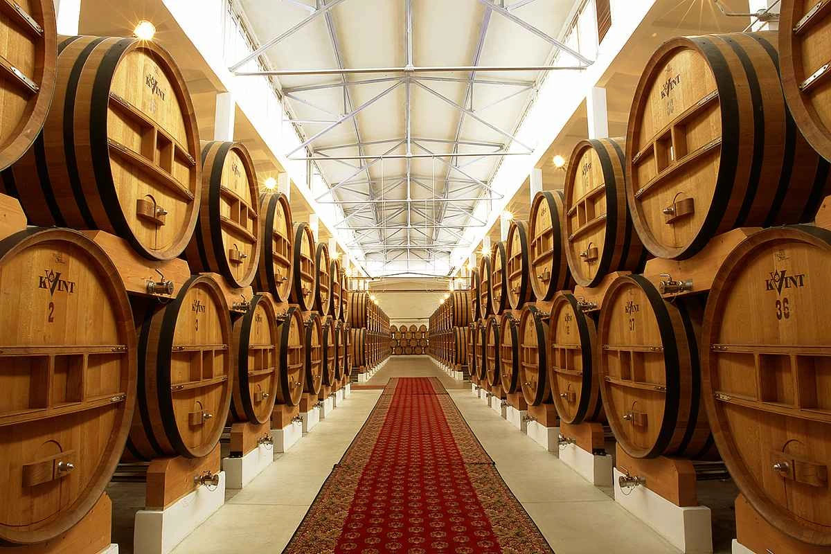 Barrels lined at Kvint Cognac Factory in Moldova with red carpet under industrial ceiling.