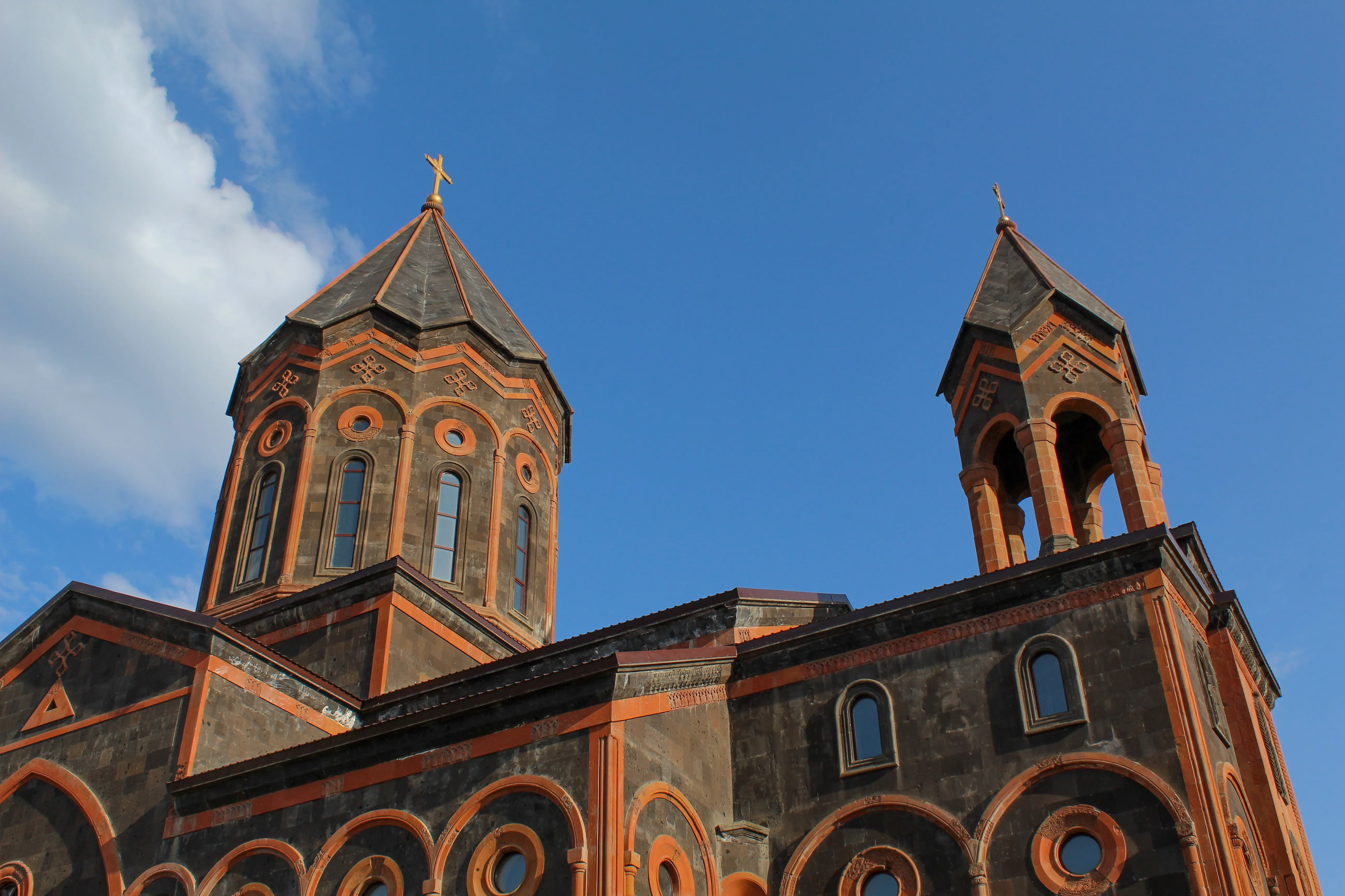 Holy Saviour's Church in Gyumri, Armenia, featuring unique black and orange stone architecture.