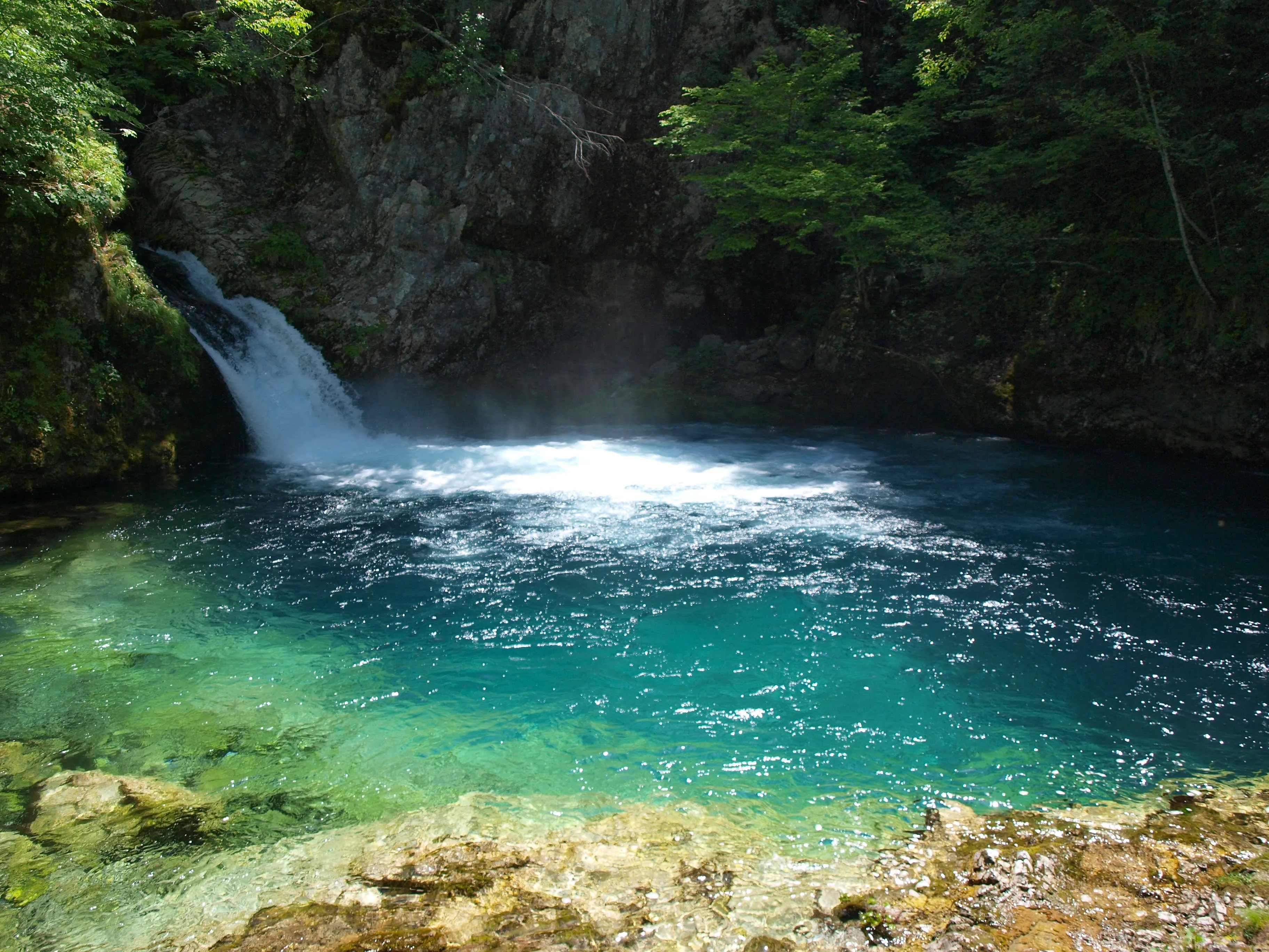The Blue Eye of Theth, a crystal-clear natural spring with a waterfall, surrounded by lush green forest and rocky cliffs.