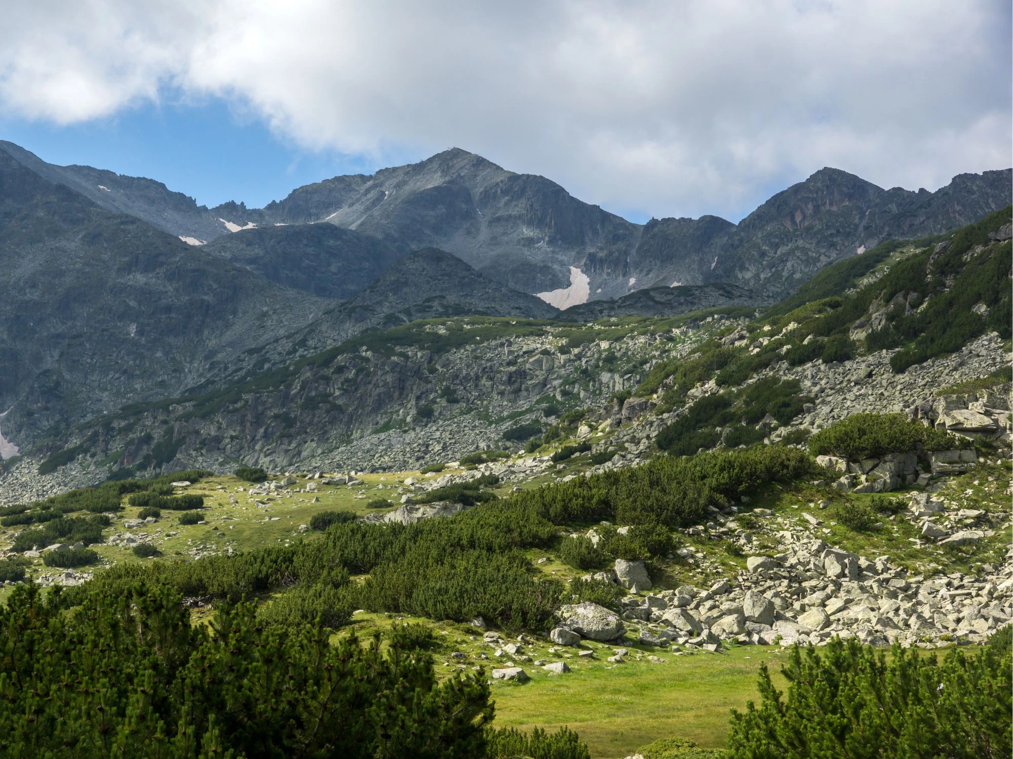 Lush alpine meadows and rocky terrain leading up to Musala Peak, the highest mountain in Bulgaria, under a cloudy sky.