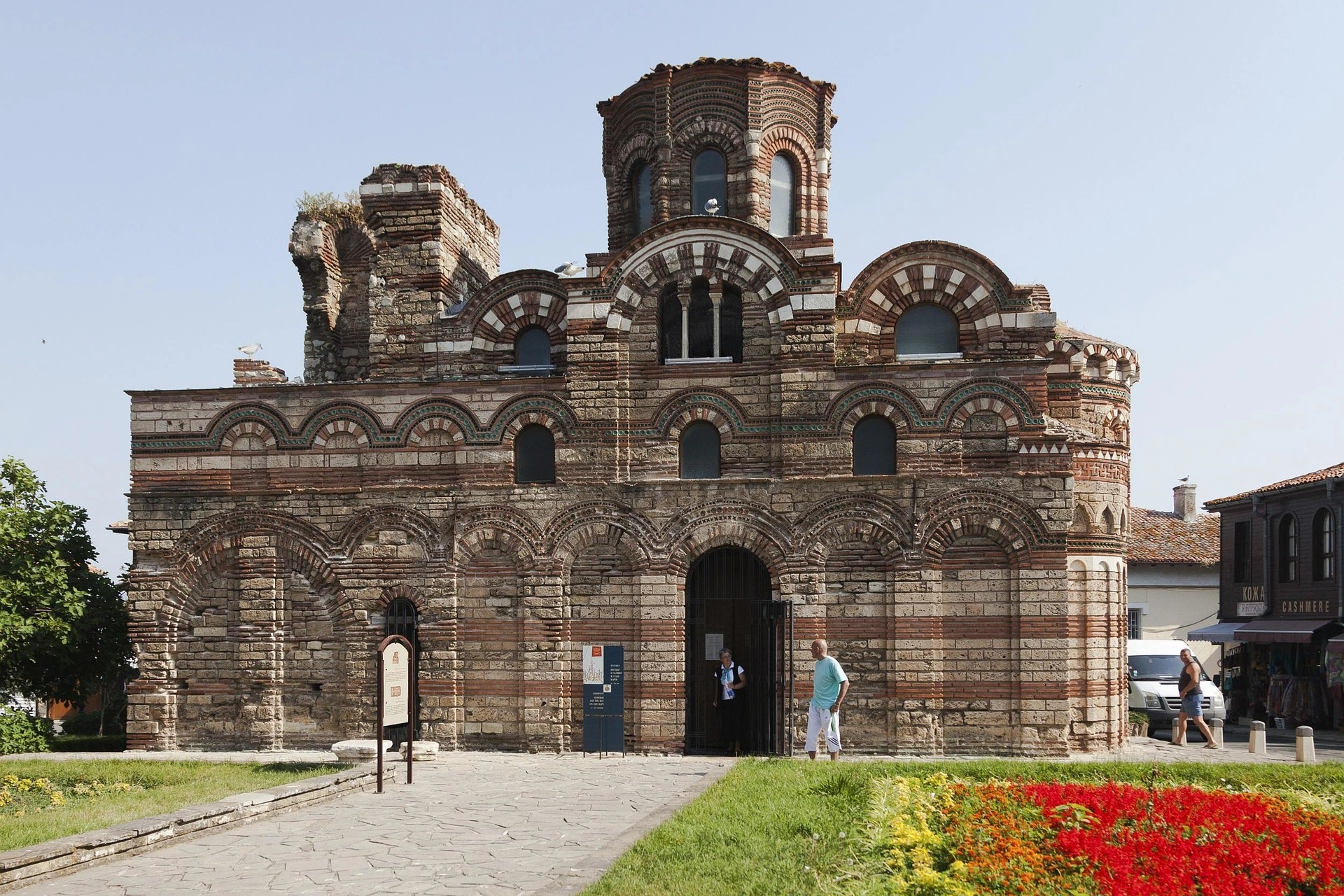 Byzantine Church of Christ Pantokrator in Nessebar with striped red brick façade.