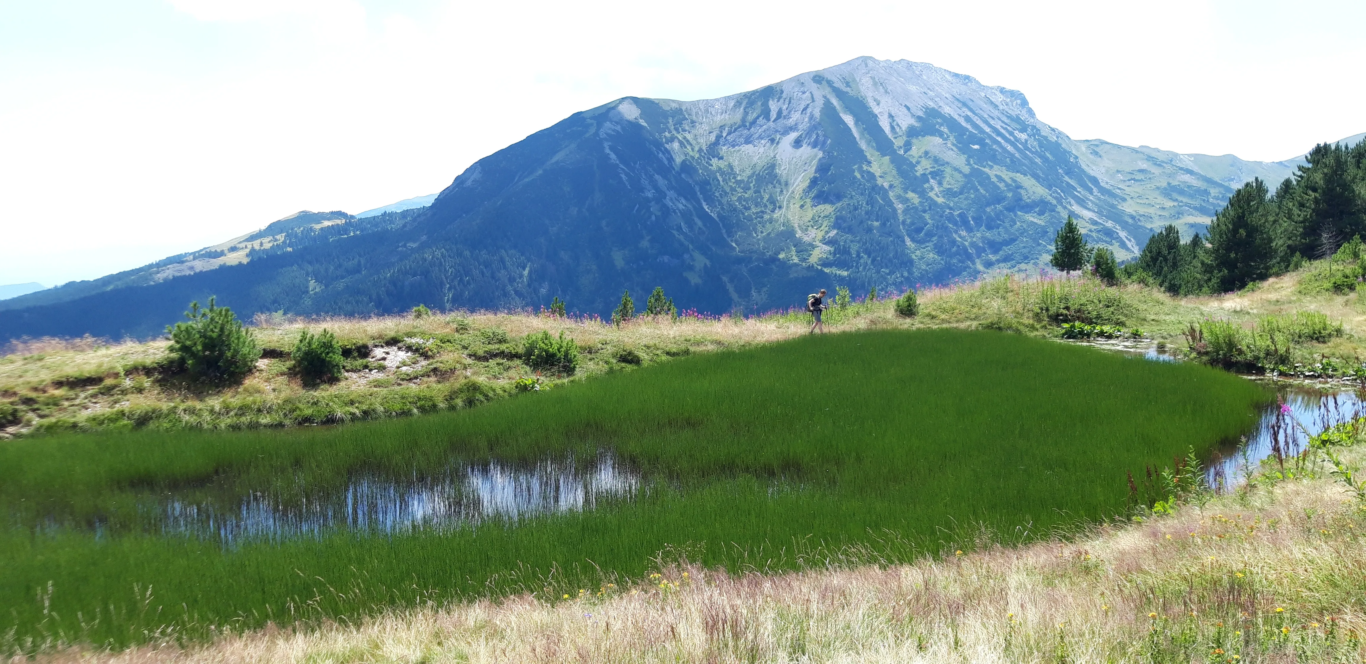 Hiker walks beside a grass-covered alpine lake with rugged mountain backdrop in the Balkans