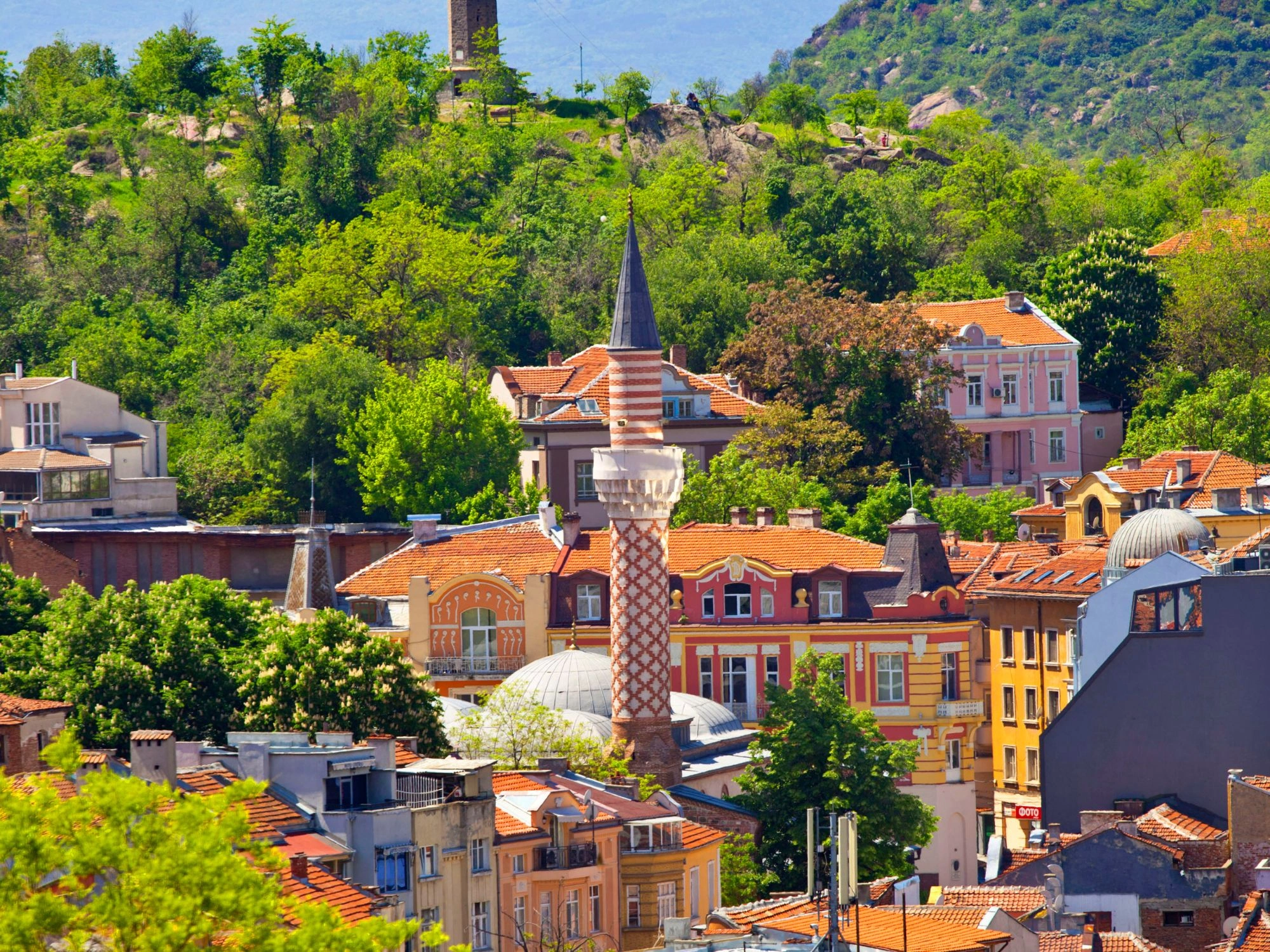 Plovdiv skyline with Dzhumaya Mosque minaret and old colorful houses, Bulgaria travel.