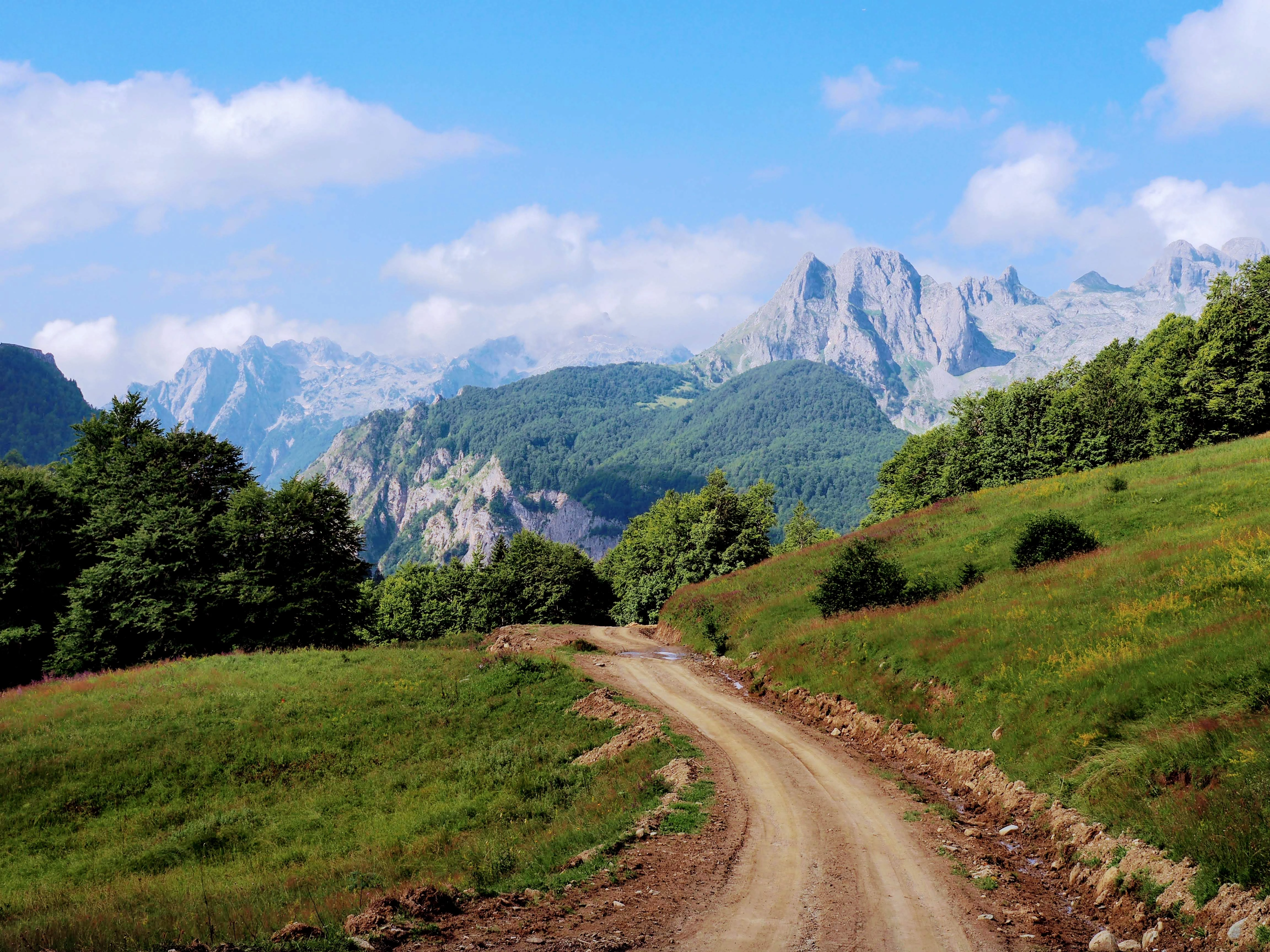 Dirt road winding through green meadows with towering mountains ahead in Albania.