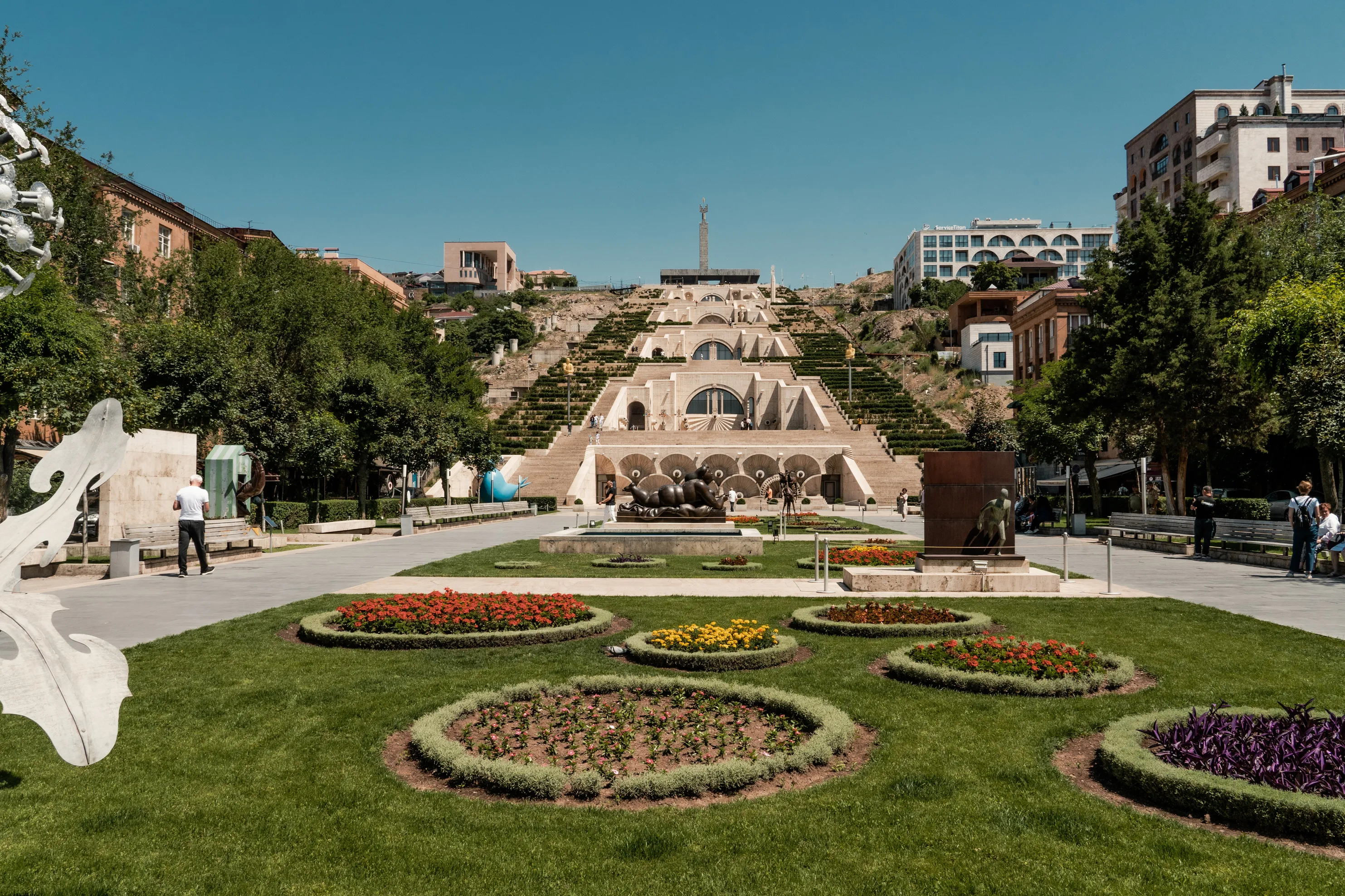 Yerevan’s Cascade Complex with modern art, fountains, and gardens under a bright blue Armenian sky