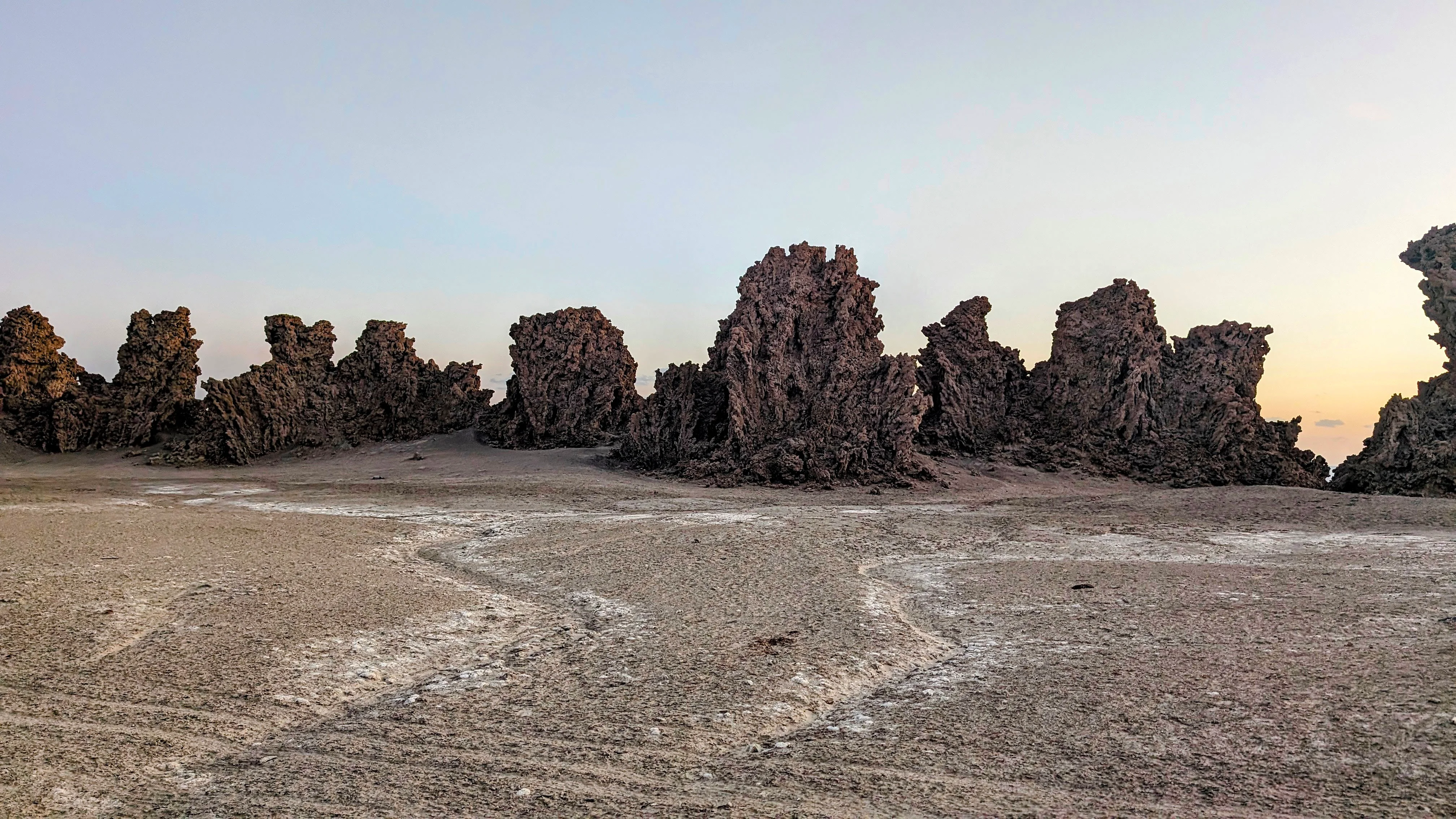 Close-up view of jagged rock spires at Lake Abbe during Djibouti.