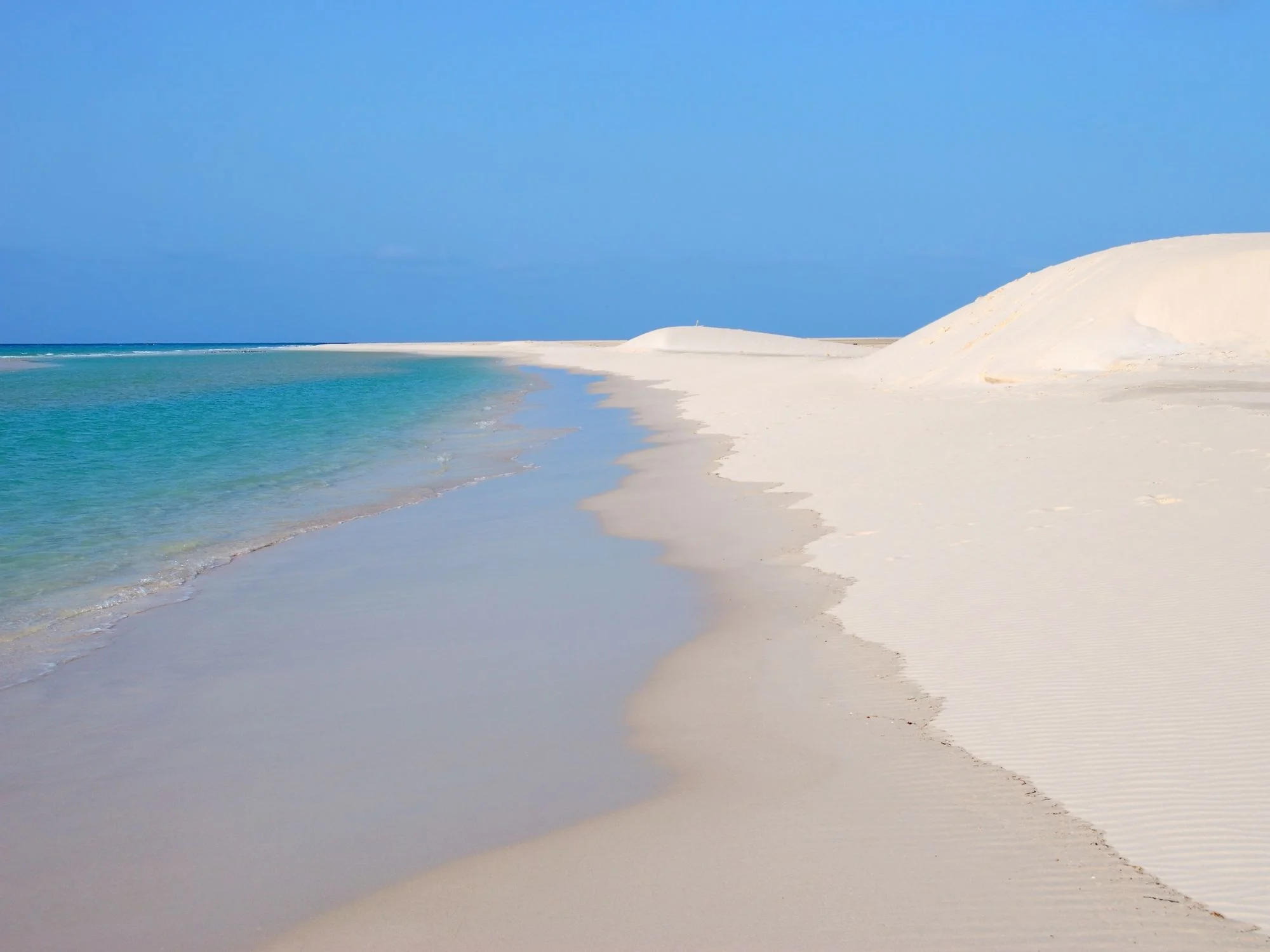 Pristine white sand dunes slope into turquoise Socotra sea beneath clear blue sky.